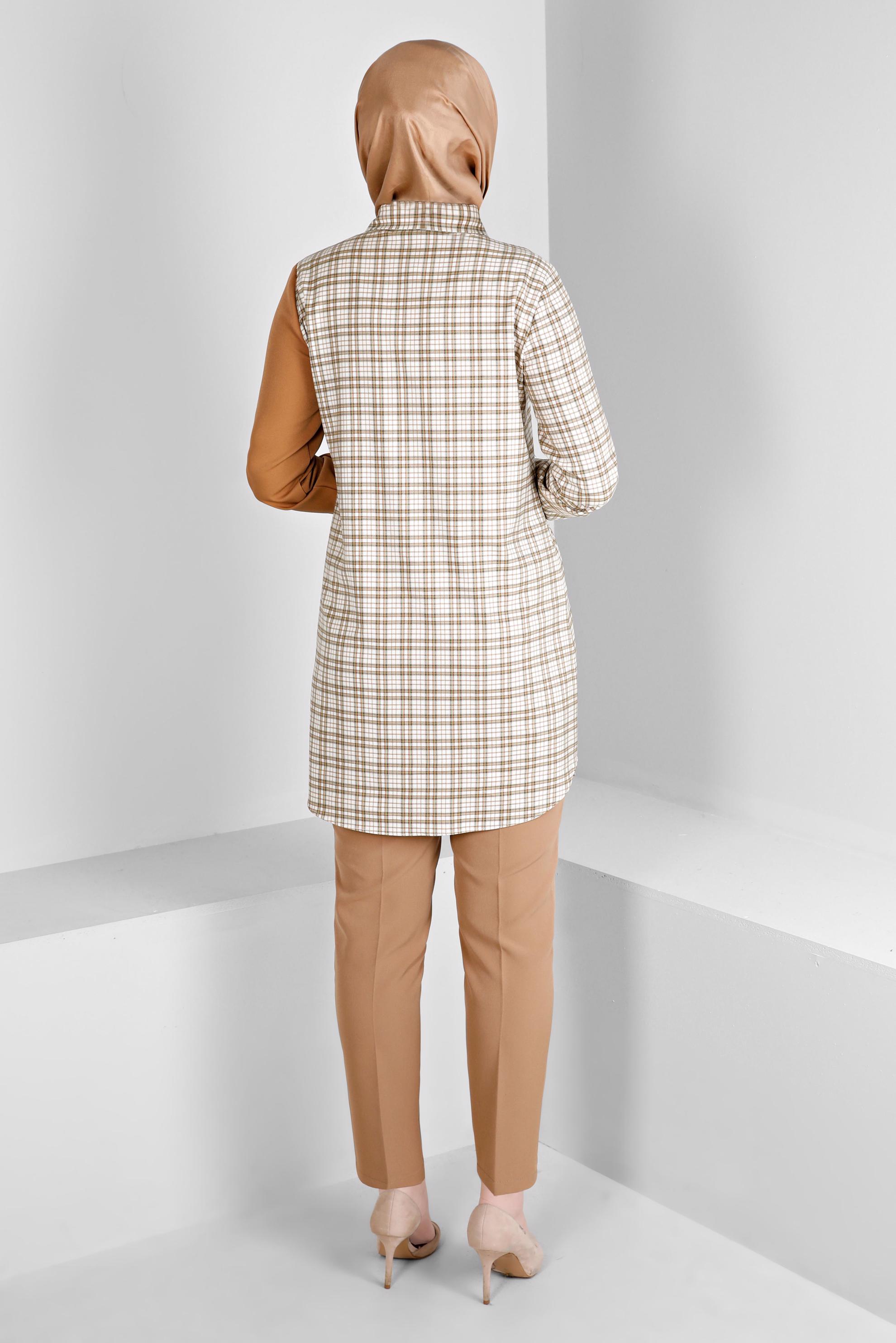 Vêtements hijab ORANGE TUNIQUE DOUBLE COULEUR MOTIF CARREAUX 43396