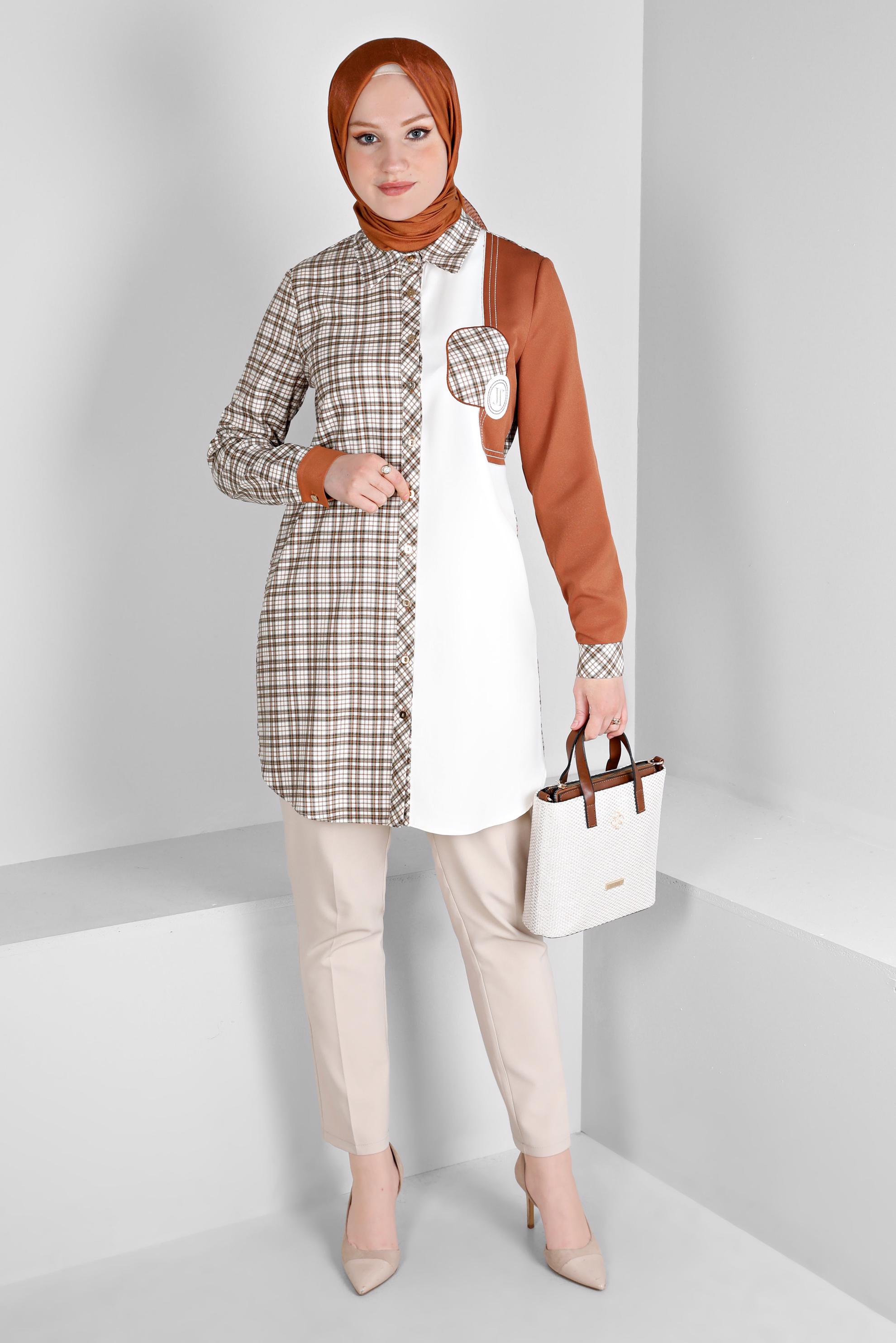 Vêtements hijab ORANGE TUNIQUE DOUBLE COULEUR MOTIF CARREAUX 43396