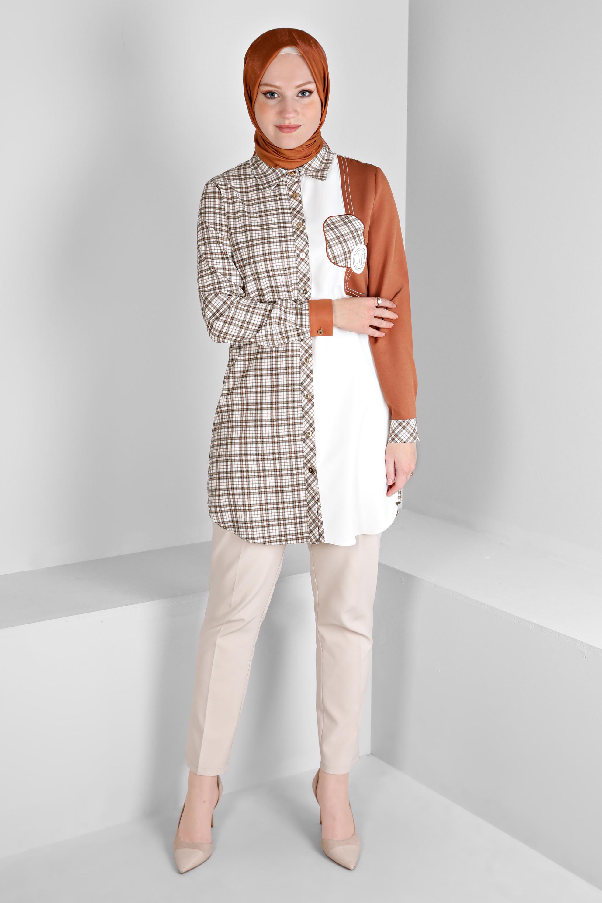 Vêtements hijab ORANGE TUNIQUE DOUBLE COULEUR MOTIF CARREAUX 43396