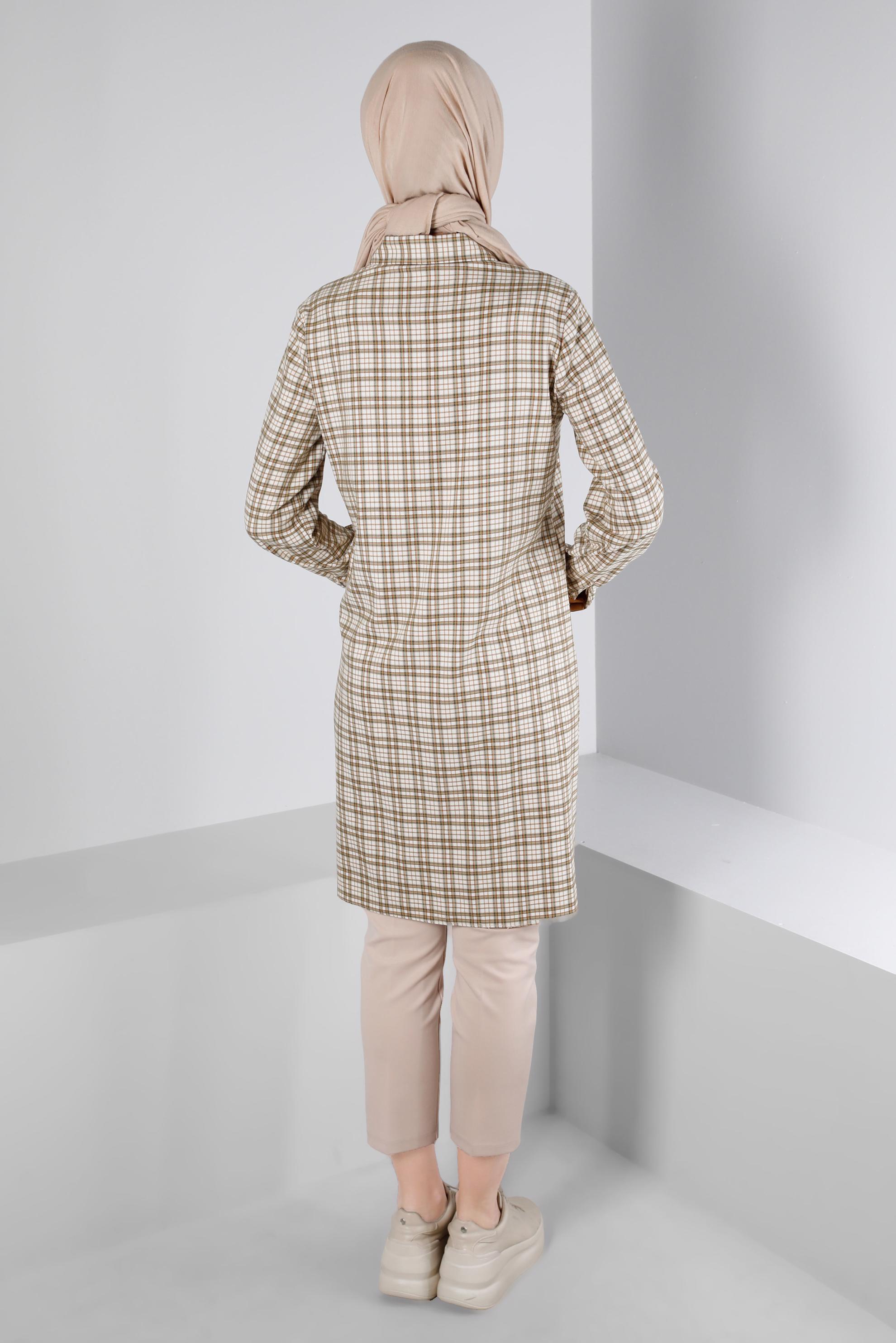 Tesettür giyim TURUNCU YAMA DETAYLI KARELİ TUNİK 43397