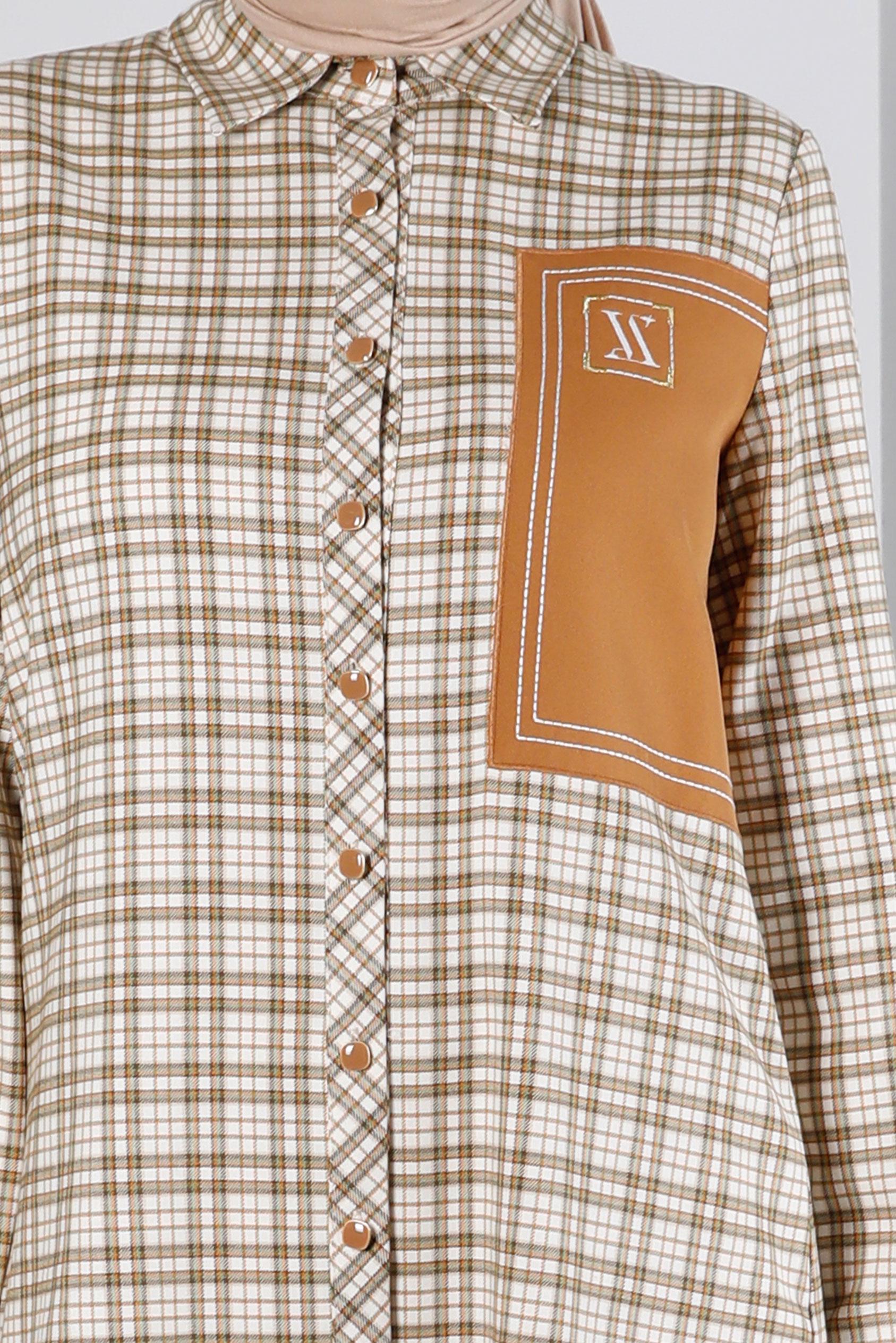 Tesettür giyim TURUNCU YAMA DETAYLI KARELİ TUNİK 43397