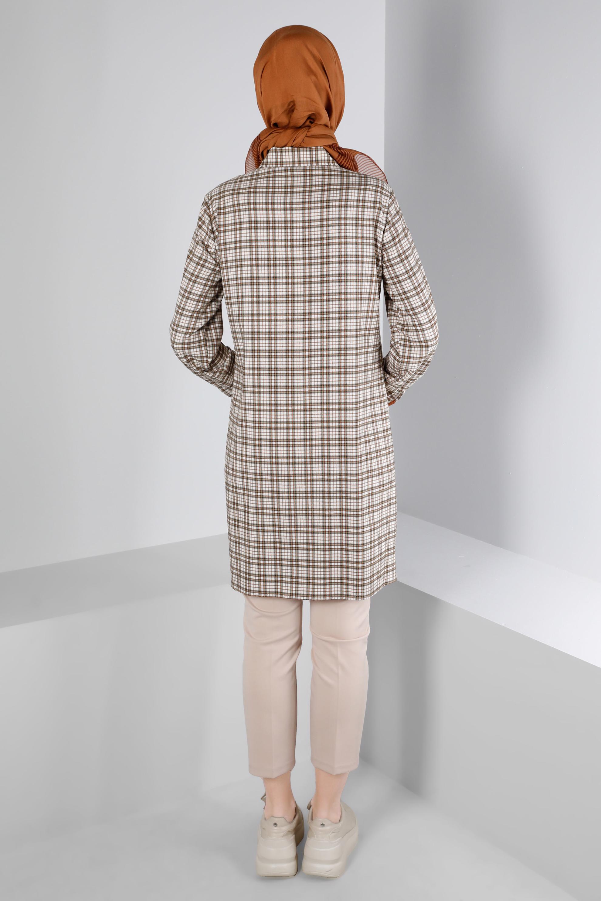 Tesettür giyim TURUNCU YAMA DETAYLI KARELİ TUNİK 43397