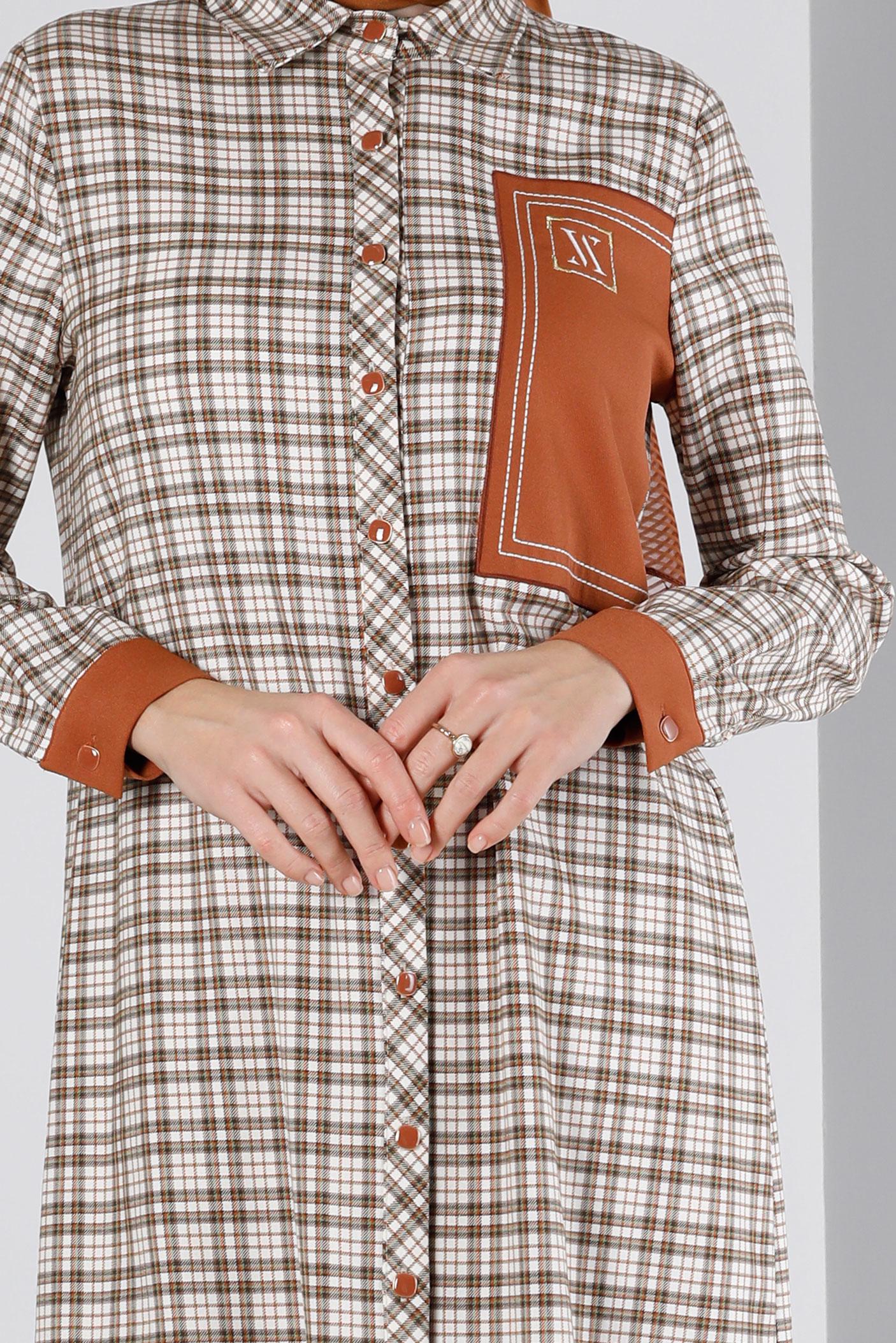 Tesettür giyim TURUNCU YAMA DETAYLI KARELİ TUNİK 43397