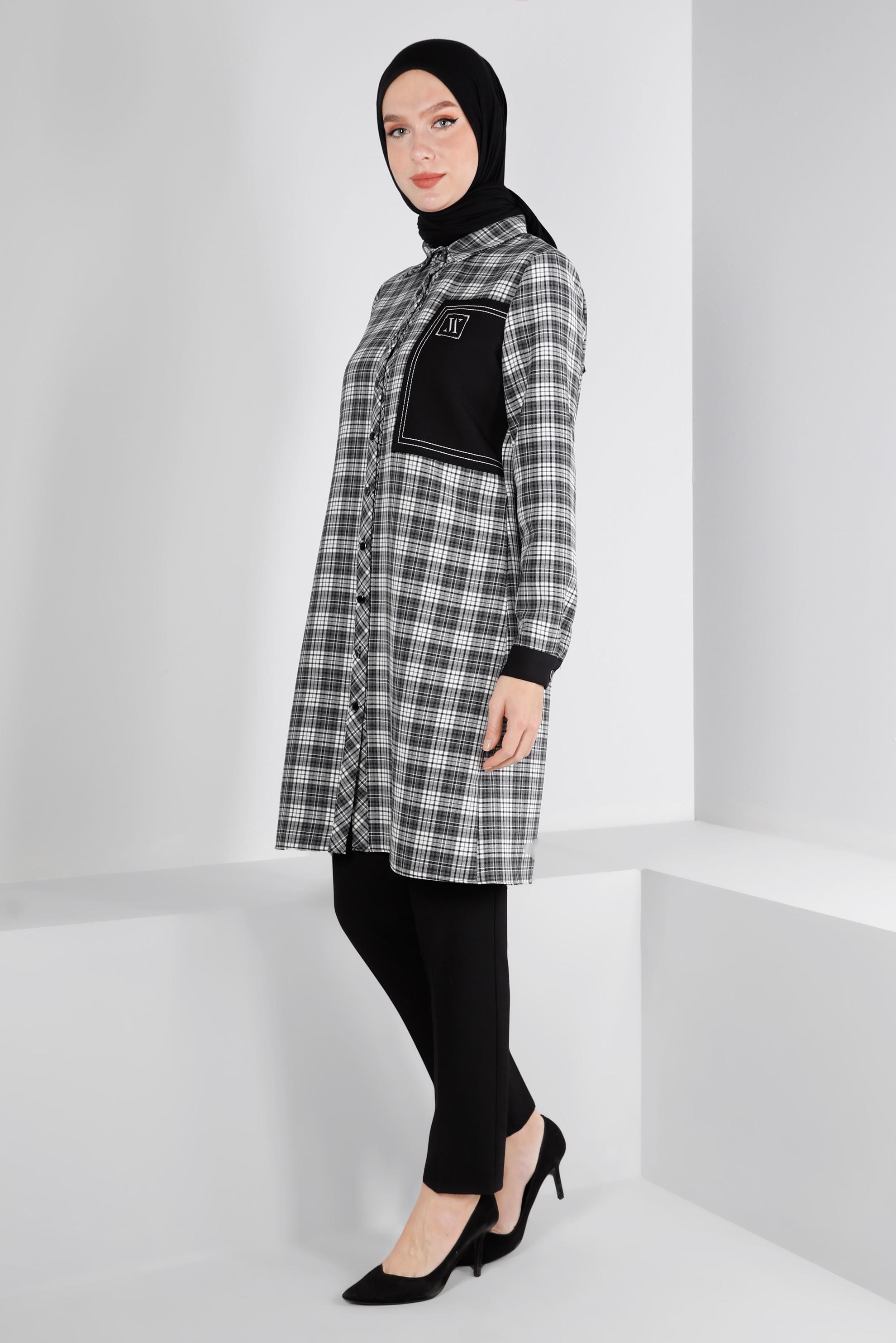 Vêtements hijab NOIR TUNIQUE À CARREAUX AVEC PATCH 43397-1