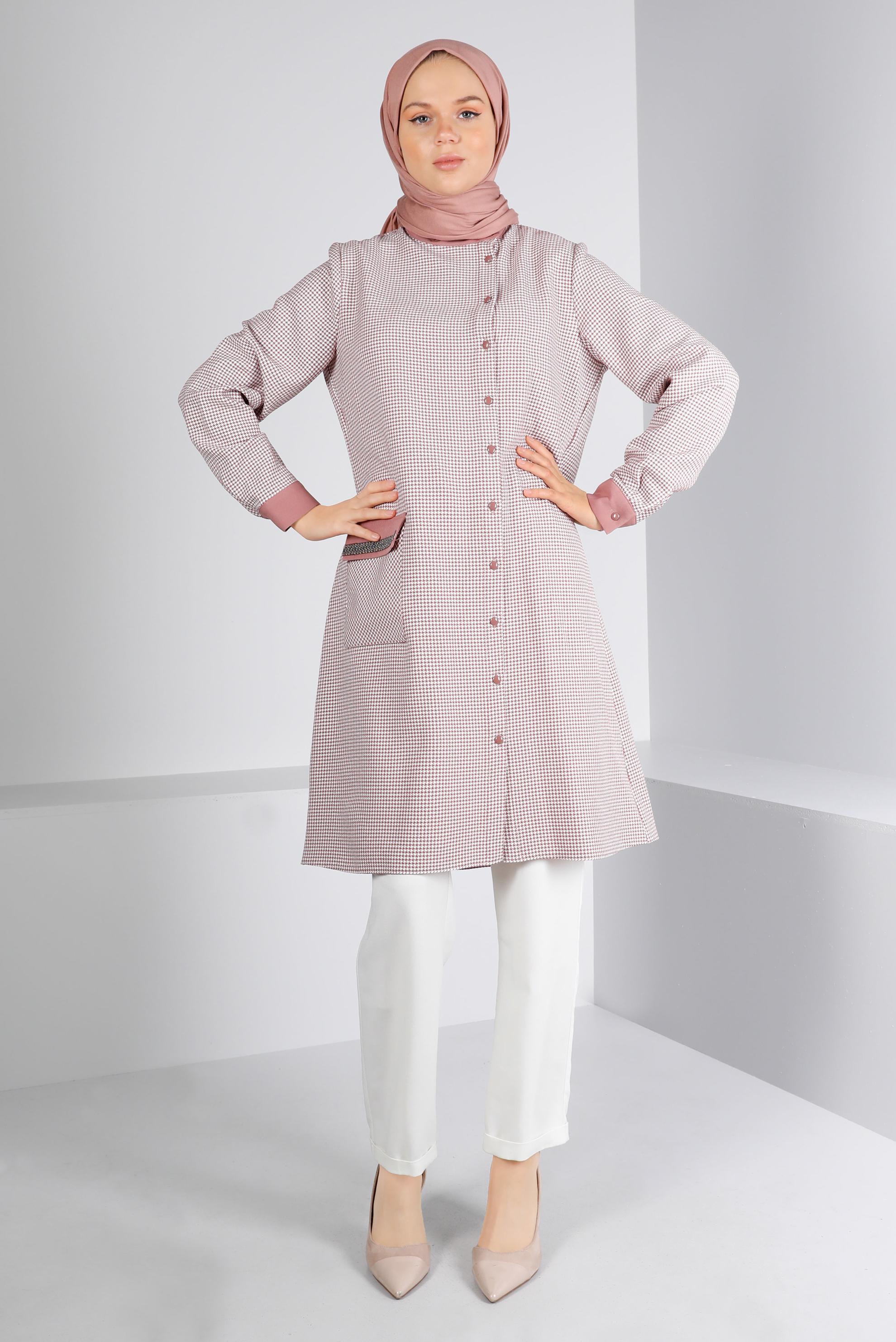 Tesettür giyim PUDRA CEBİ TAŞLI KAZAYAĞI DESENLİ TUNİK 43398