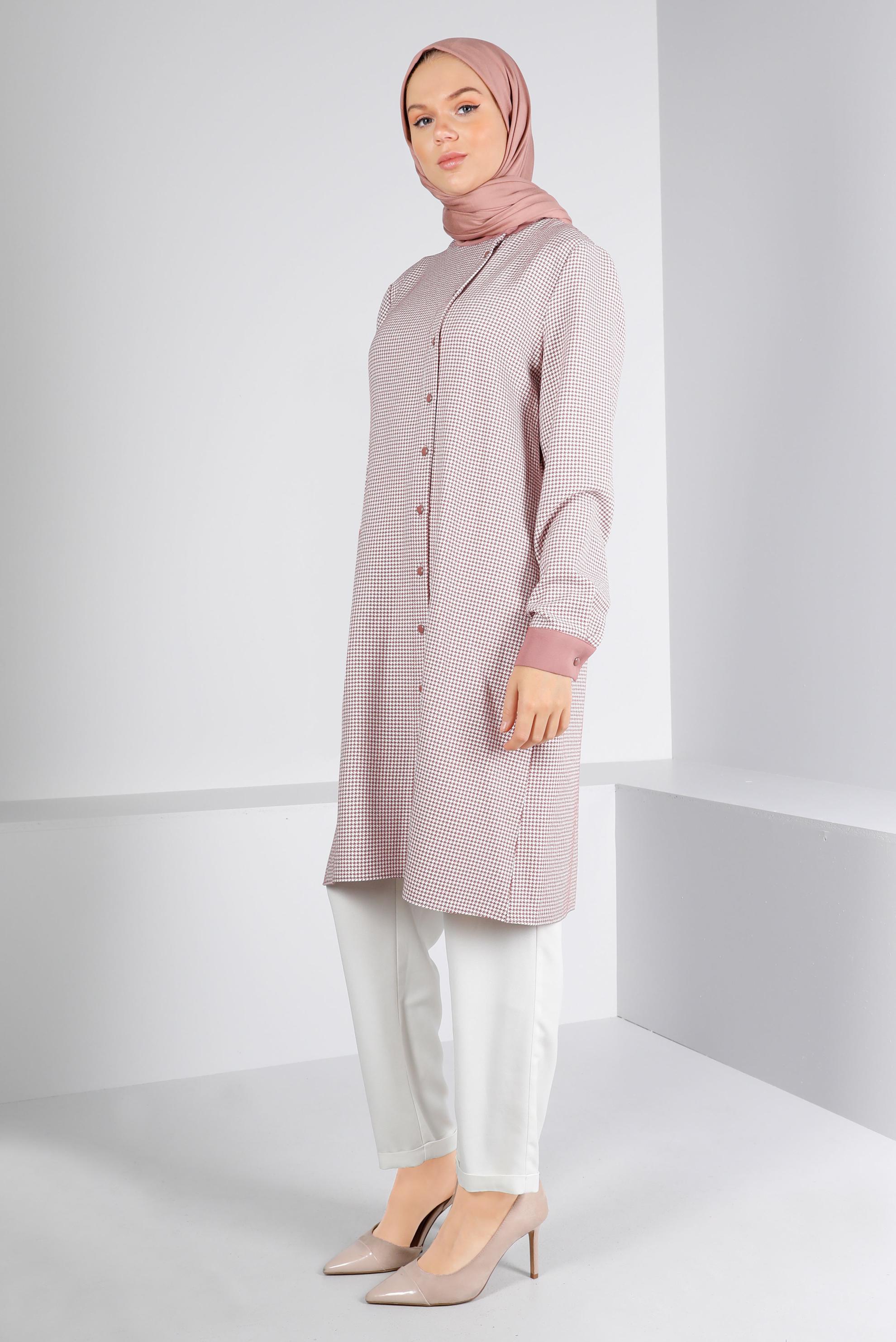 Tesettür giyim PUDRA CEBİ TAŞLI KAZAYAĞI DESENLİ TUNİK 43398