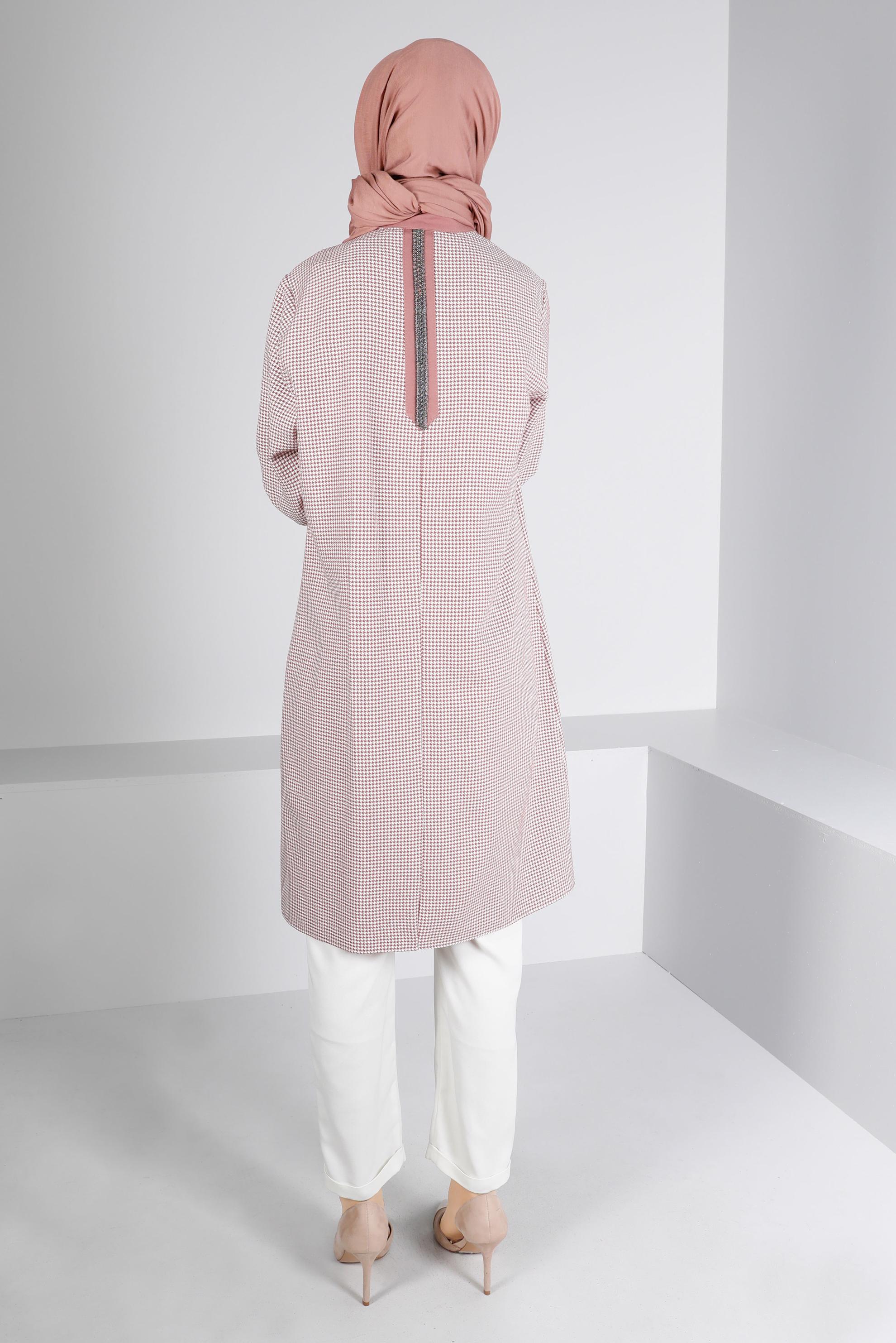 Tesettür giyim PUDRA CEBİ TAŞLI KAZAYAĞI DESENLİ TUNİK 43398