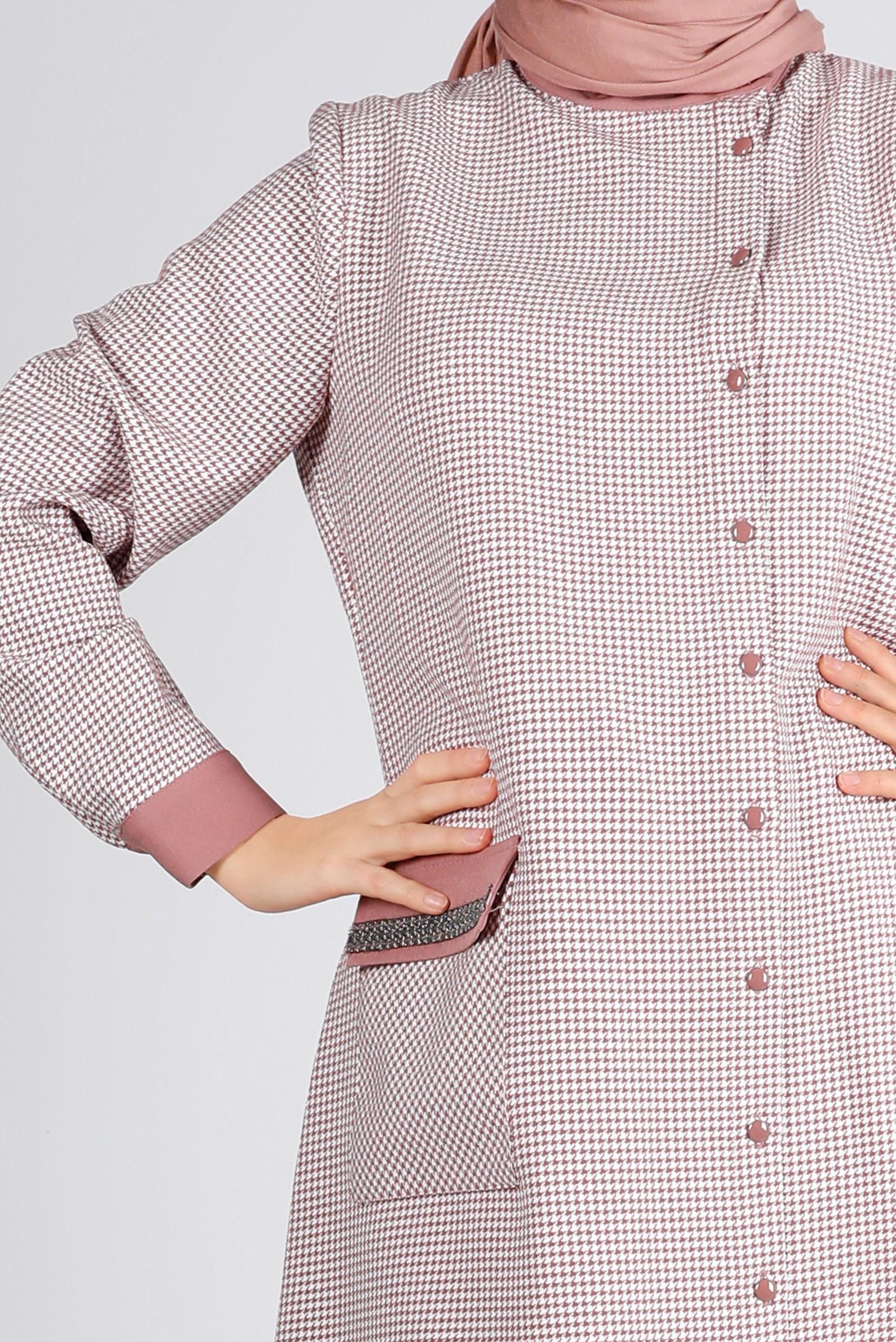 Tesettür giyim PUDRA CEBİ TAŞLI KAZAYAĞI DESENLİ TUNİK 43398