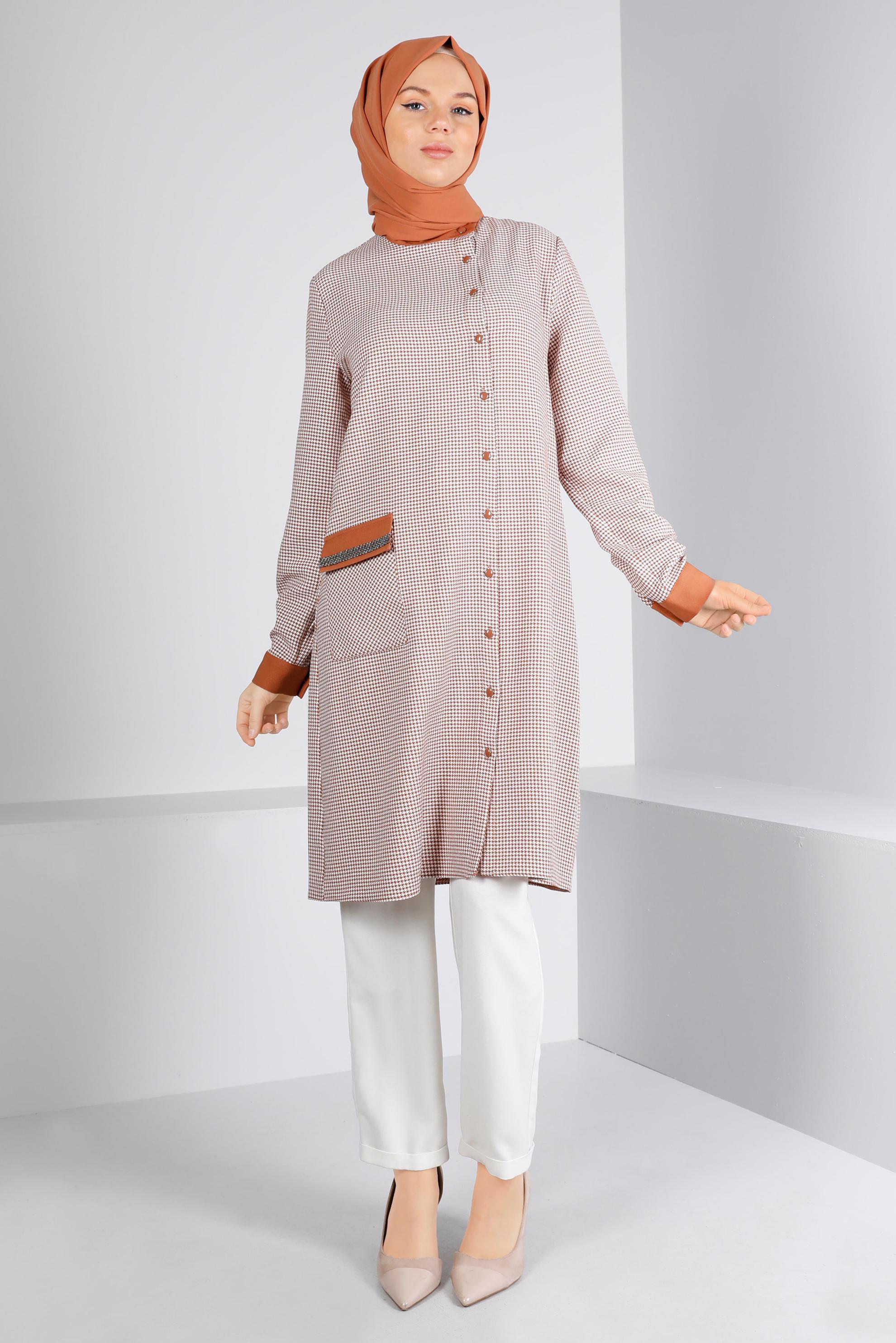 Tesettür giyim TABA CEBİ TAŞLI KAZAYAĞI DESENLİ TUNİK 43398