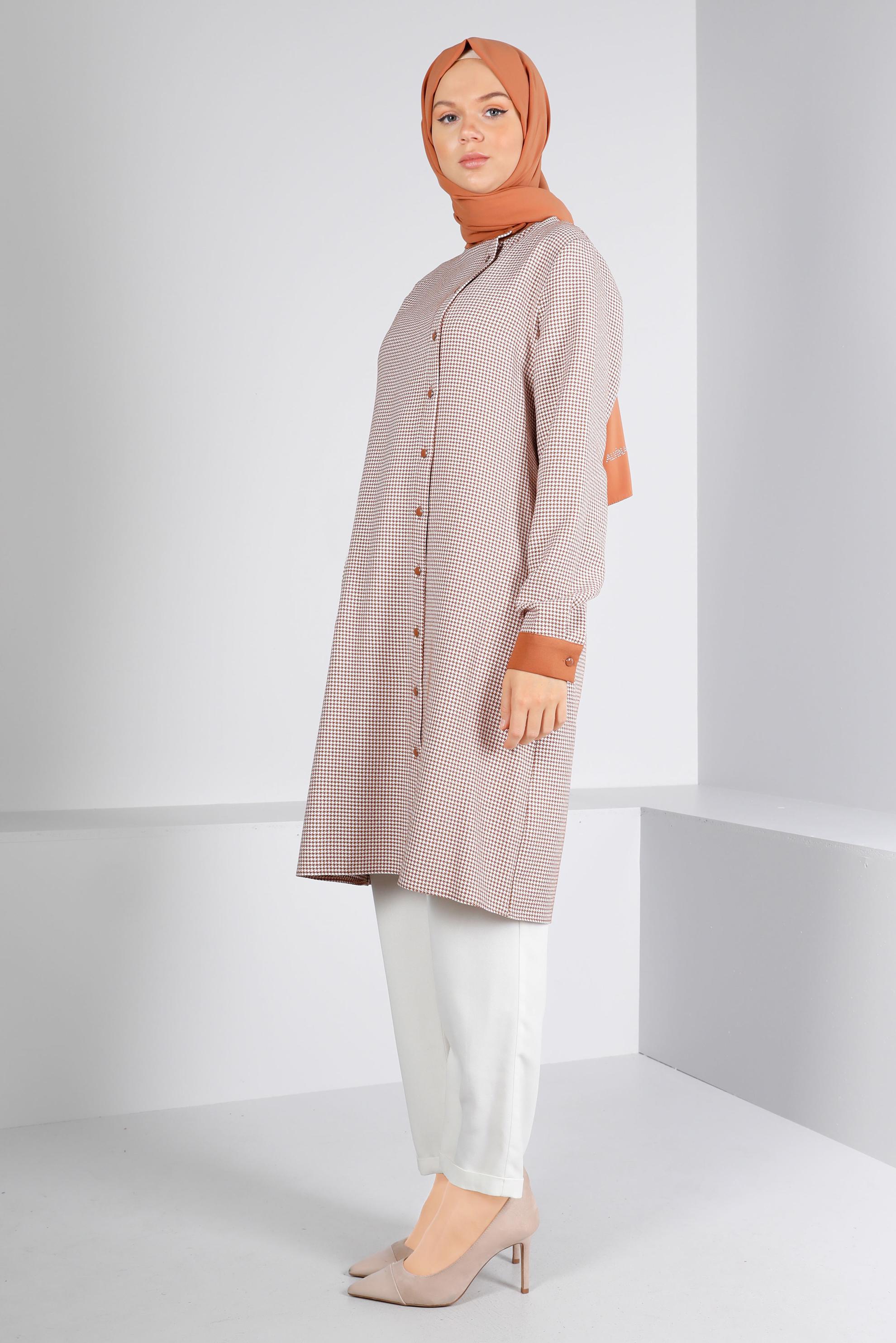 Tesettür giyim TABA CEBİ TAŞLI KAZAYAĞI DESENLİ TUNİK 43398