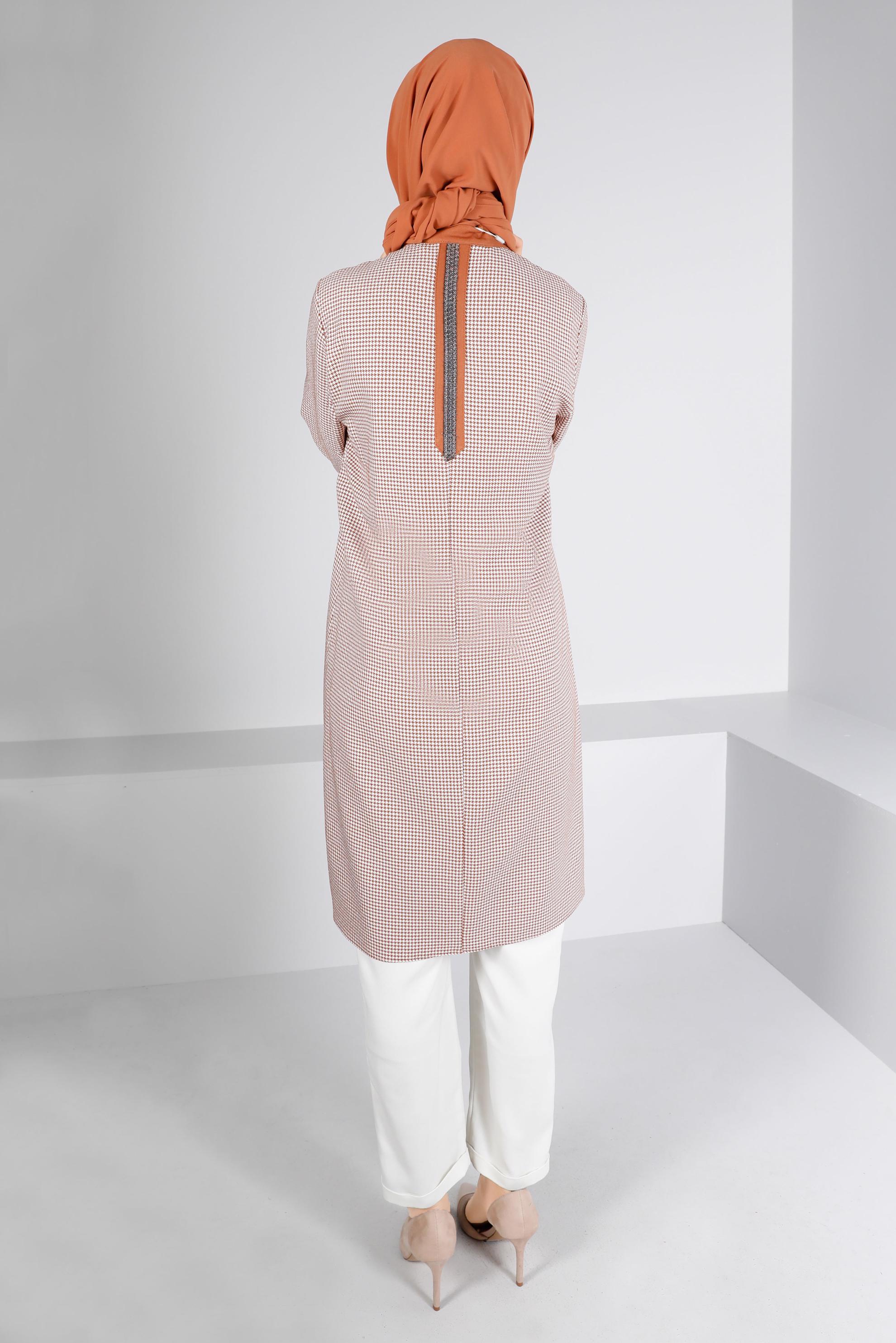 Tesettür giyim TABA CEBİ TAŞLI KAZAYAĞI DESENLİ TUNİK 43398