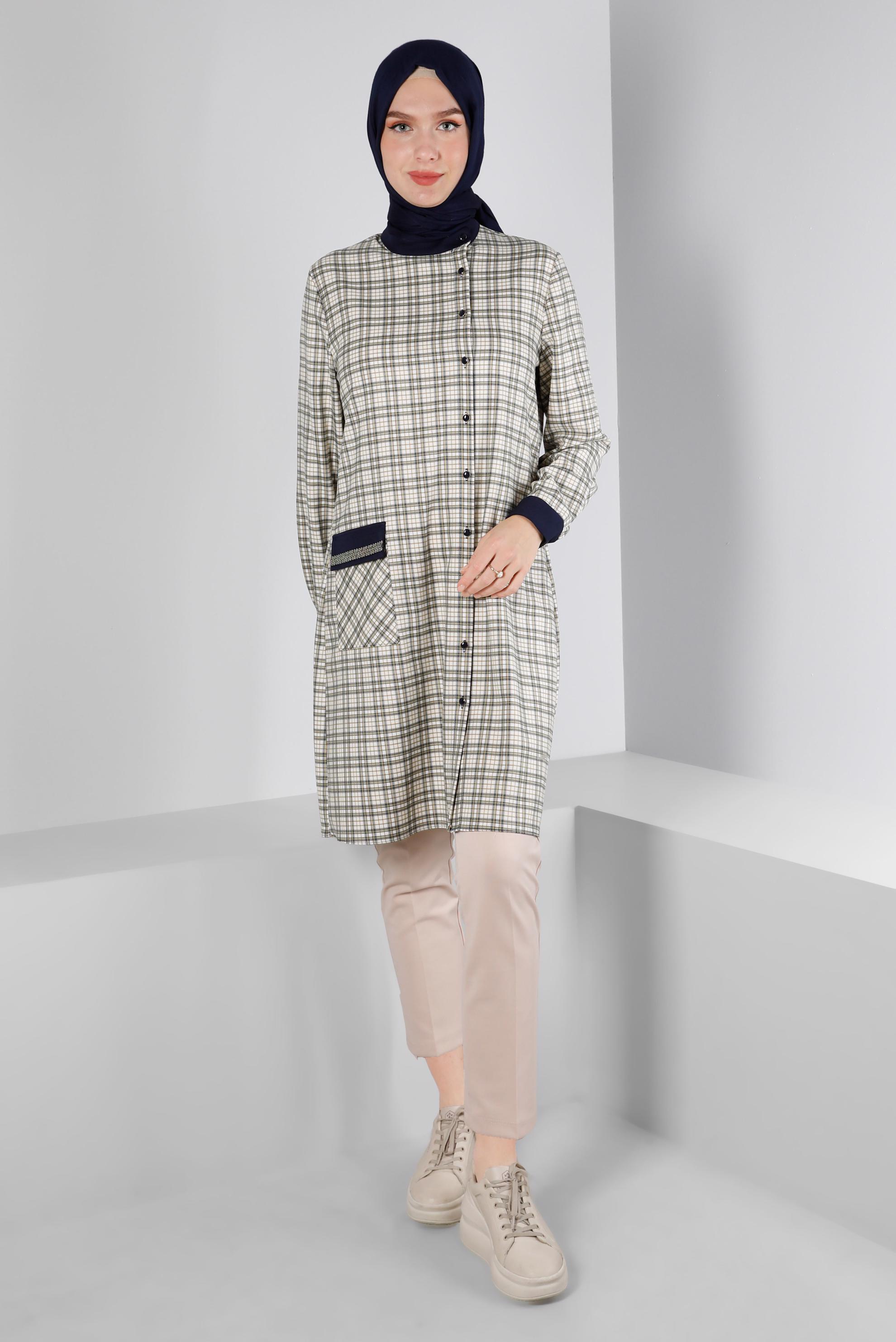 Tesettür giyim YEŞİL EKOSE DESENLİ CEBİ TAŞLI TUNİK 43398-1 