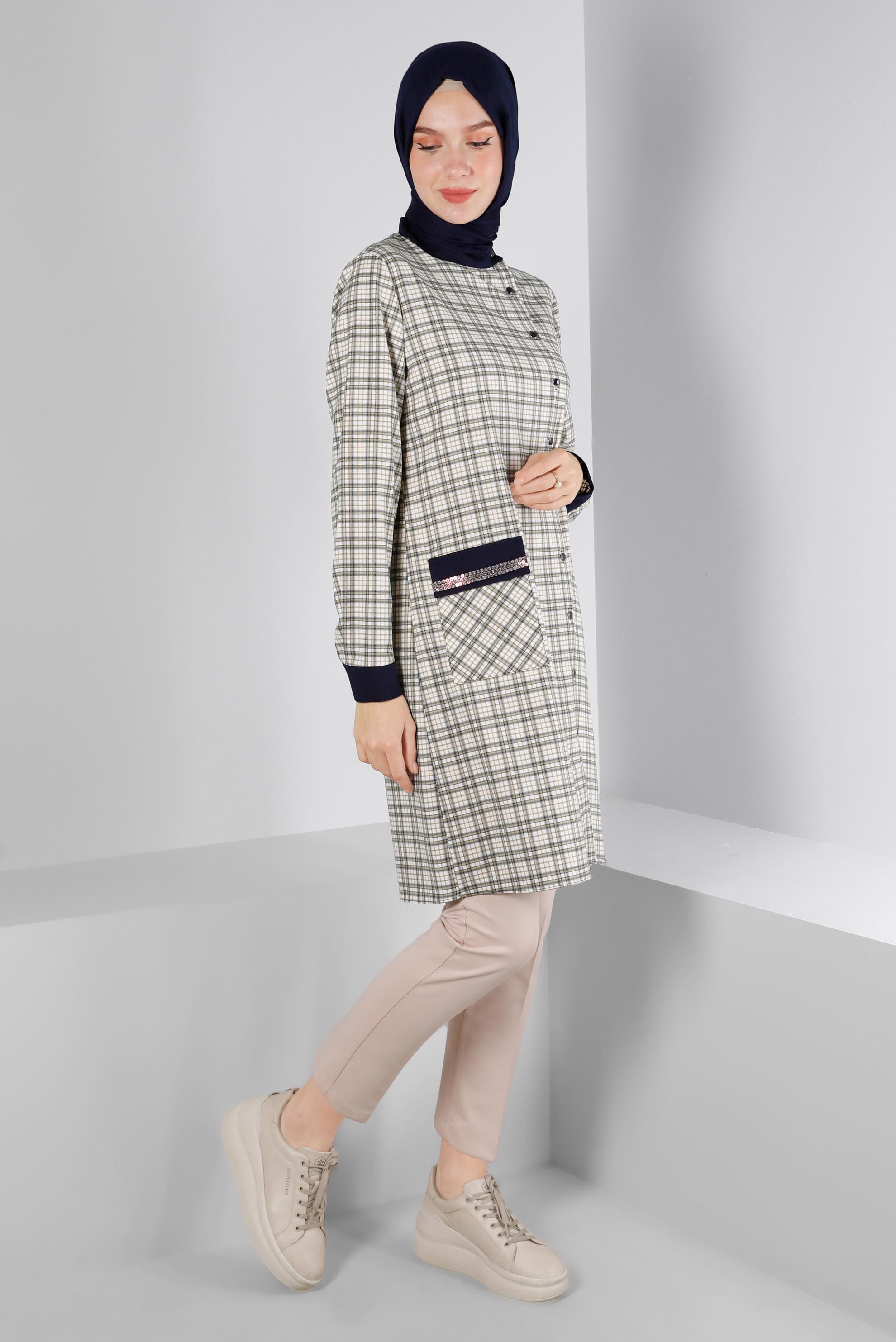 Tesettür giyim YEŞİL EKOSE DESENLİ CEBİ TAŞLI TUNİK 43398-1 