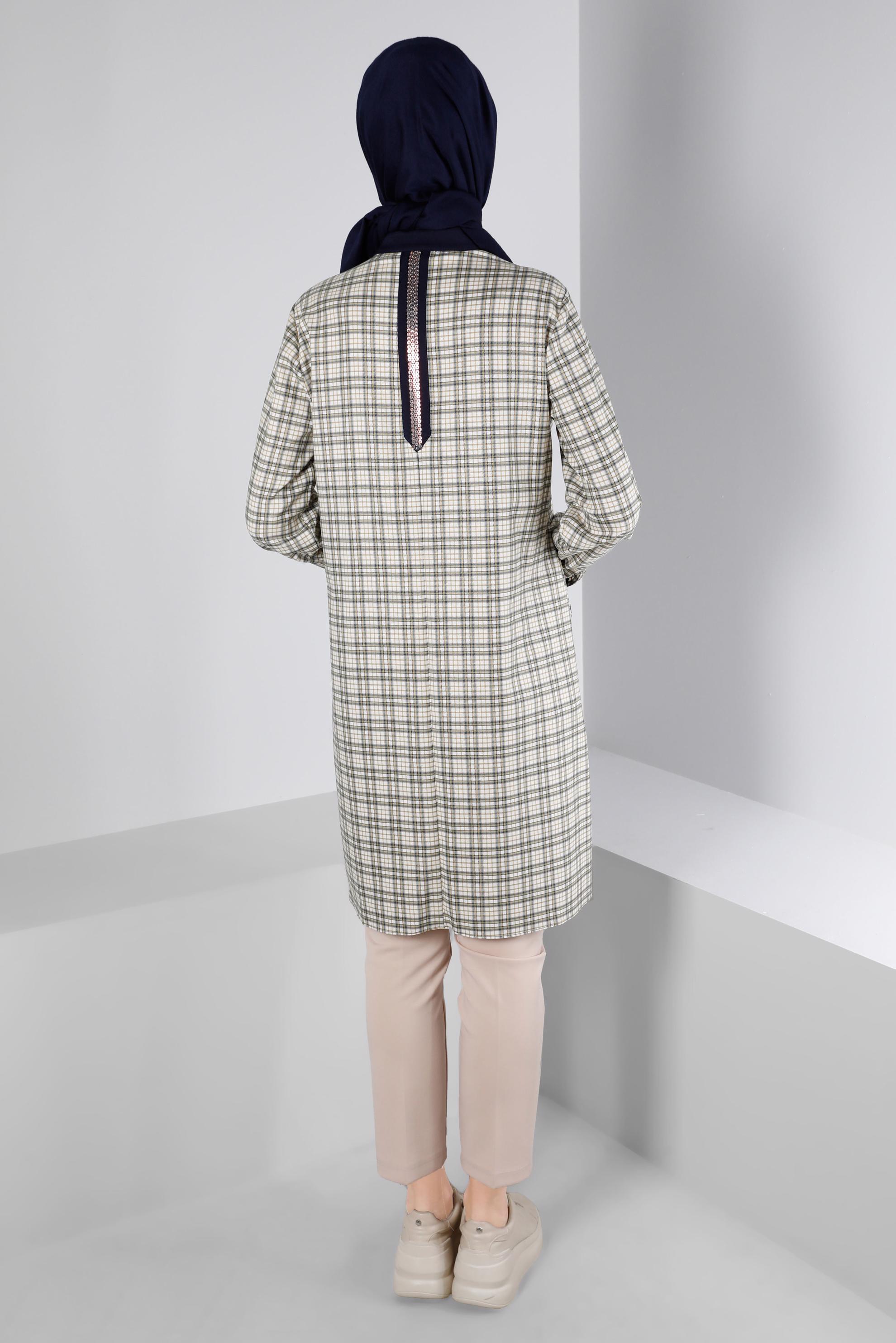 Tesettür giyim YEŞİL EKOSE DESENLİ CEBİ TAŞLI TUNİK 43398-1 