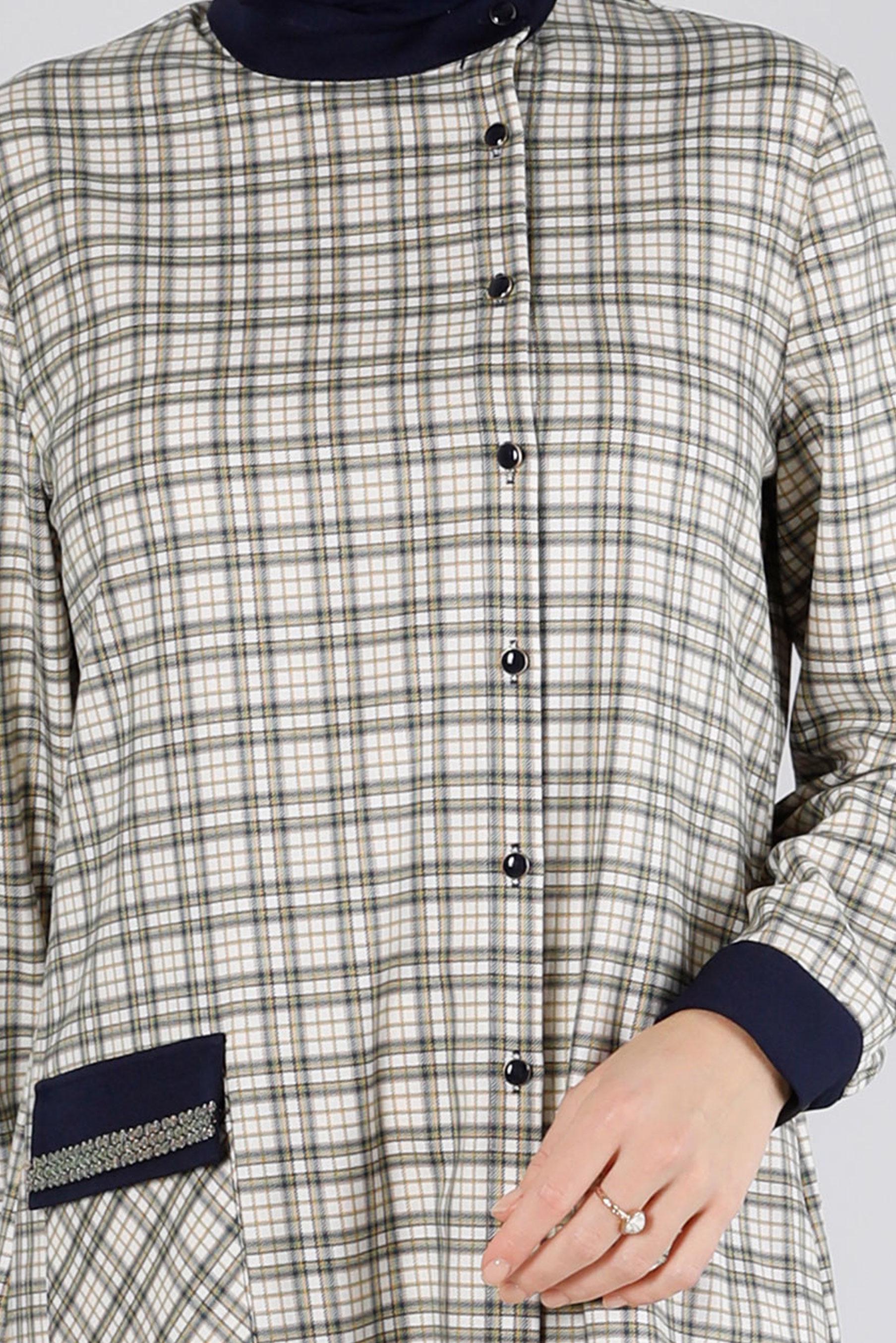 Tesettür giyim YEŞİL EKOSE DESENLİ CEBİ TAŞLI TUNİK 43398-1 