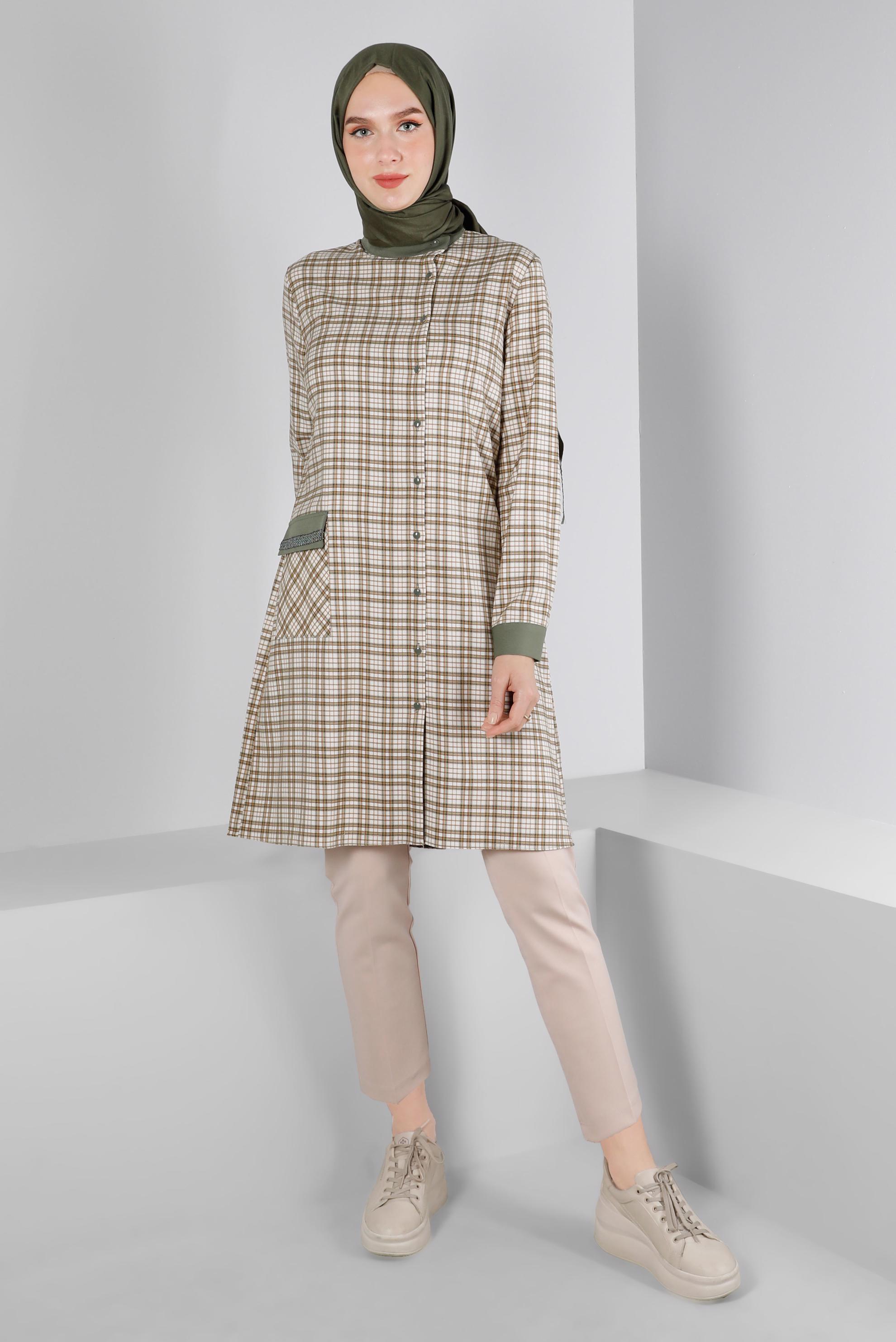 Tesettür giyim TURUNCU EKOSE DESENLİ CEBİ TAŞLI TUNİK 43398-1 