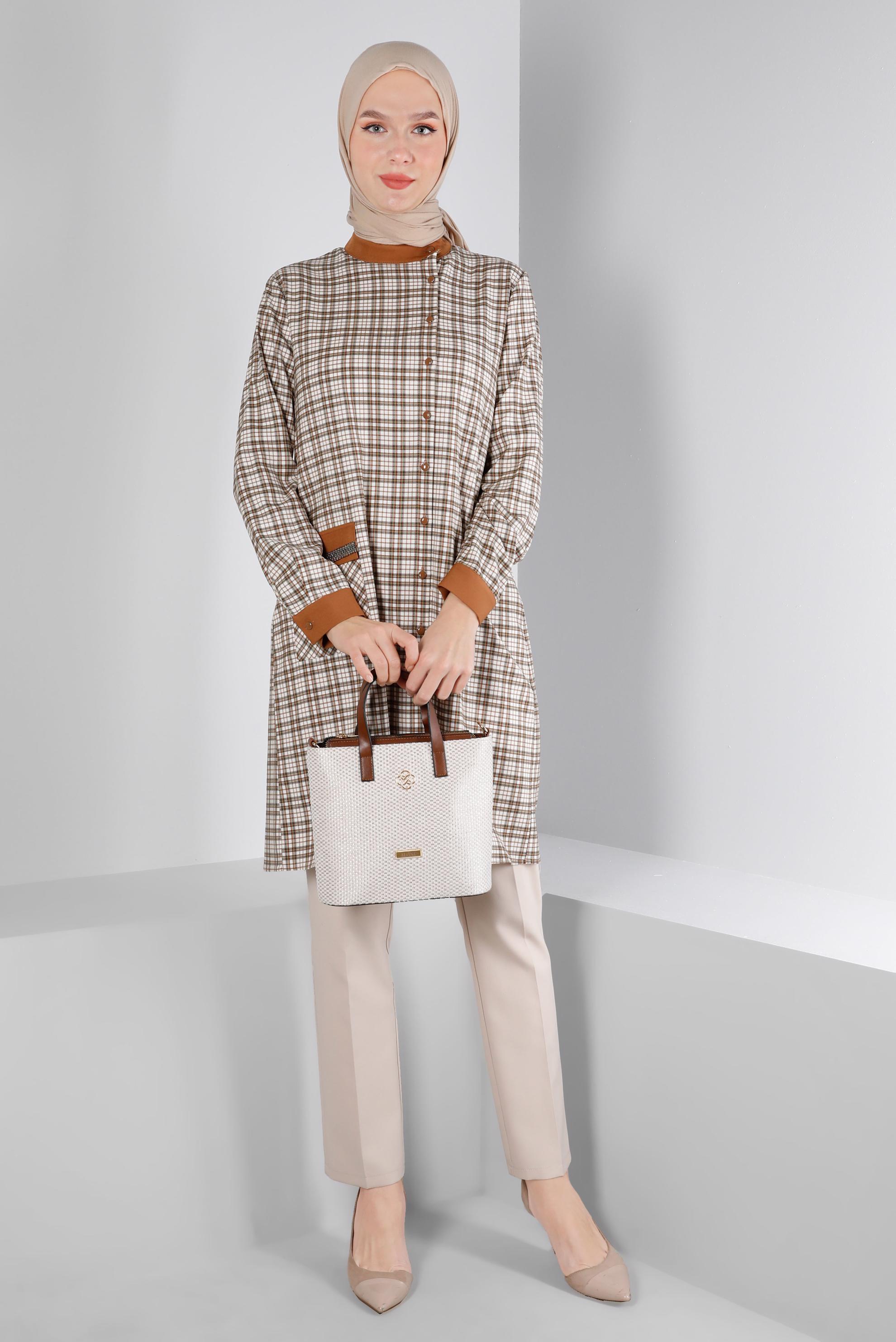 Tesettür giyim TURUNCU EKOSE DESENLİ CEBİ TAŞLI TUNİK 43398-1 