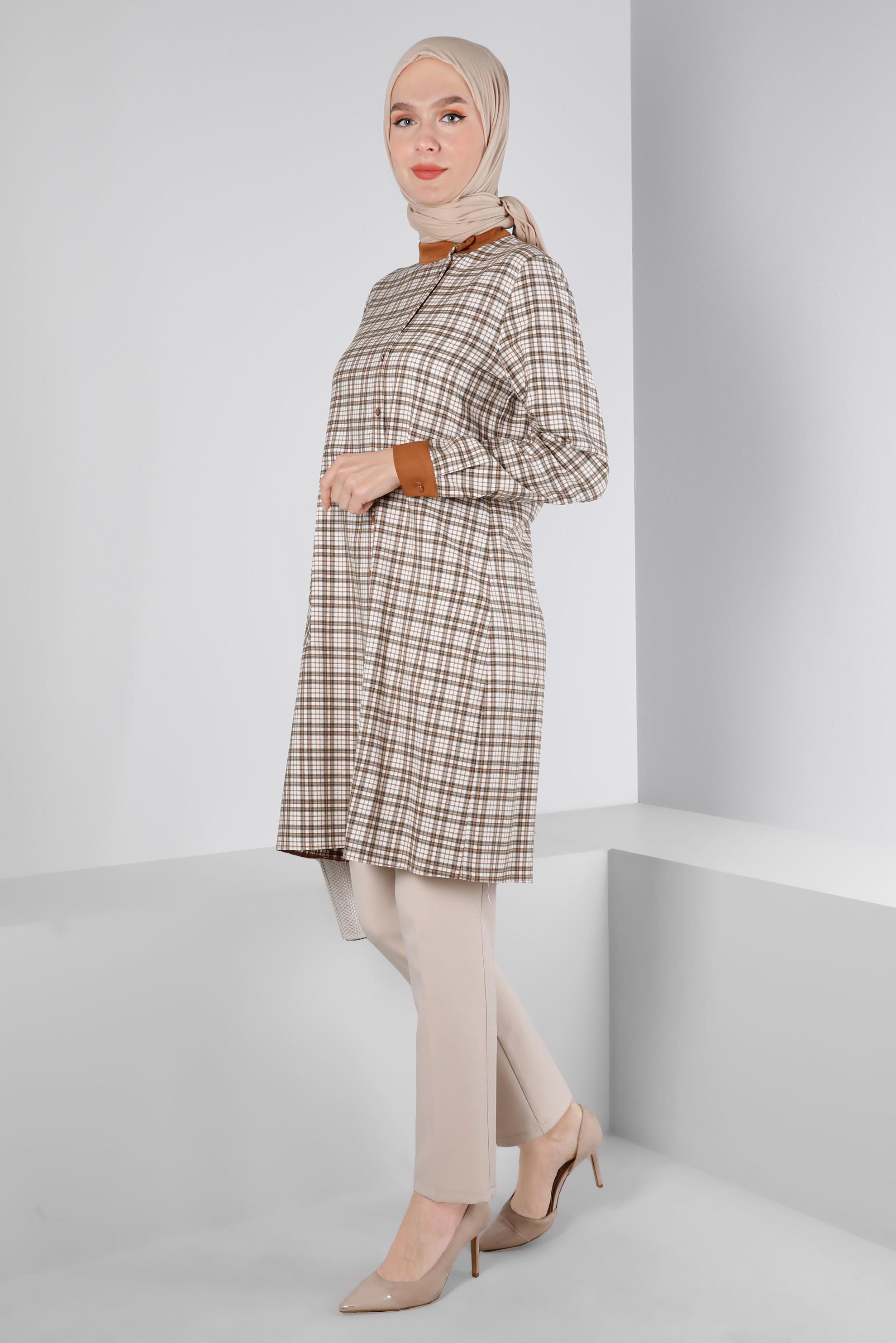 Tesettür giyim TURUNCU EKOSE DESENLİ CEBİ TAŞLI TUNİK 43398-1 