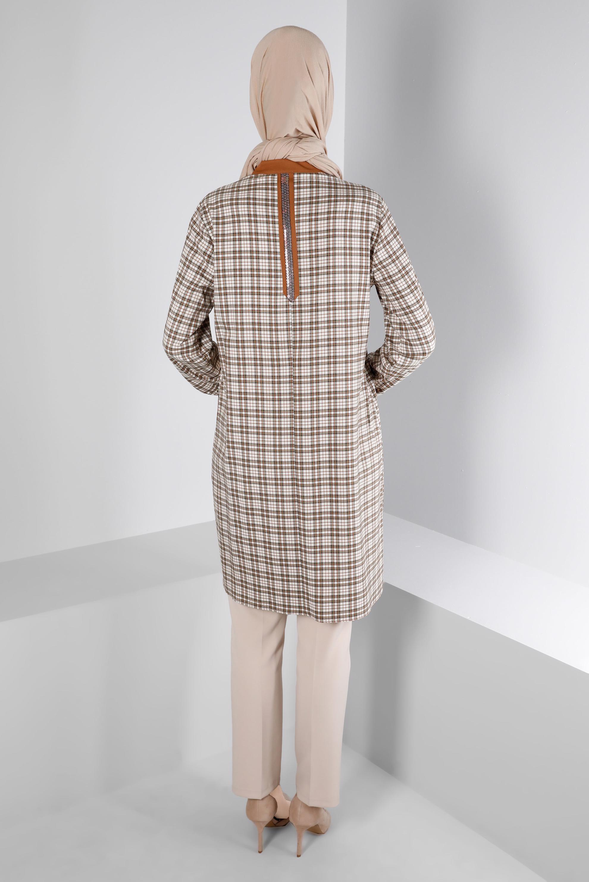 Tesettür giyim TURUNCU EKOSE DESENLİ CEBİ TAŞLI TUNİK 43398-1 