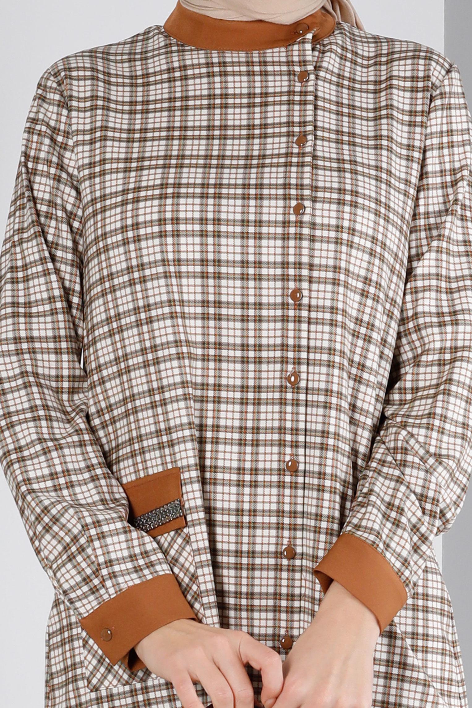 Tesettür giyim TURUNCU EKOSE DESENLİ CEBİ TAŞLI TUNİK 43398-1 