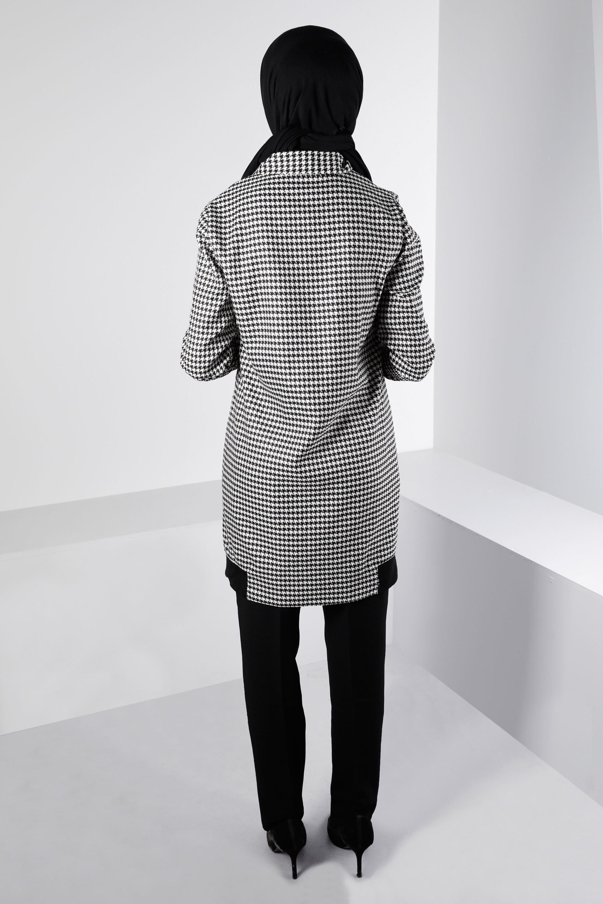 Tesettür giyim SİYAH RİBANALI KAZAYAĞI DESENLİ TUNİK 43399 