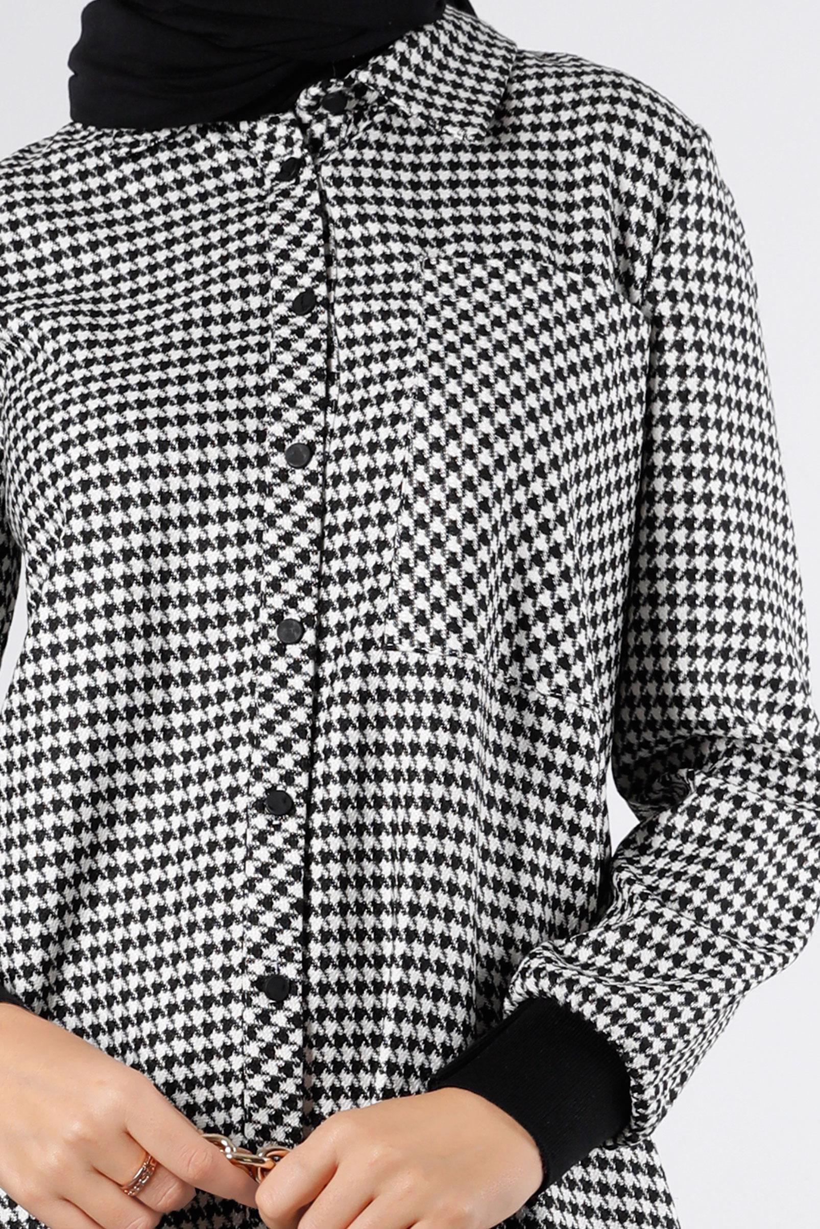 Tesettür giyim SİYAH RİBANALI KAZAYAĞI DESENLİ TUNİK 43399 