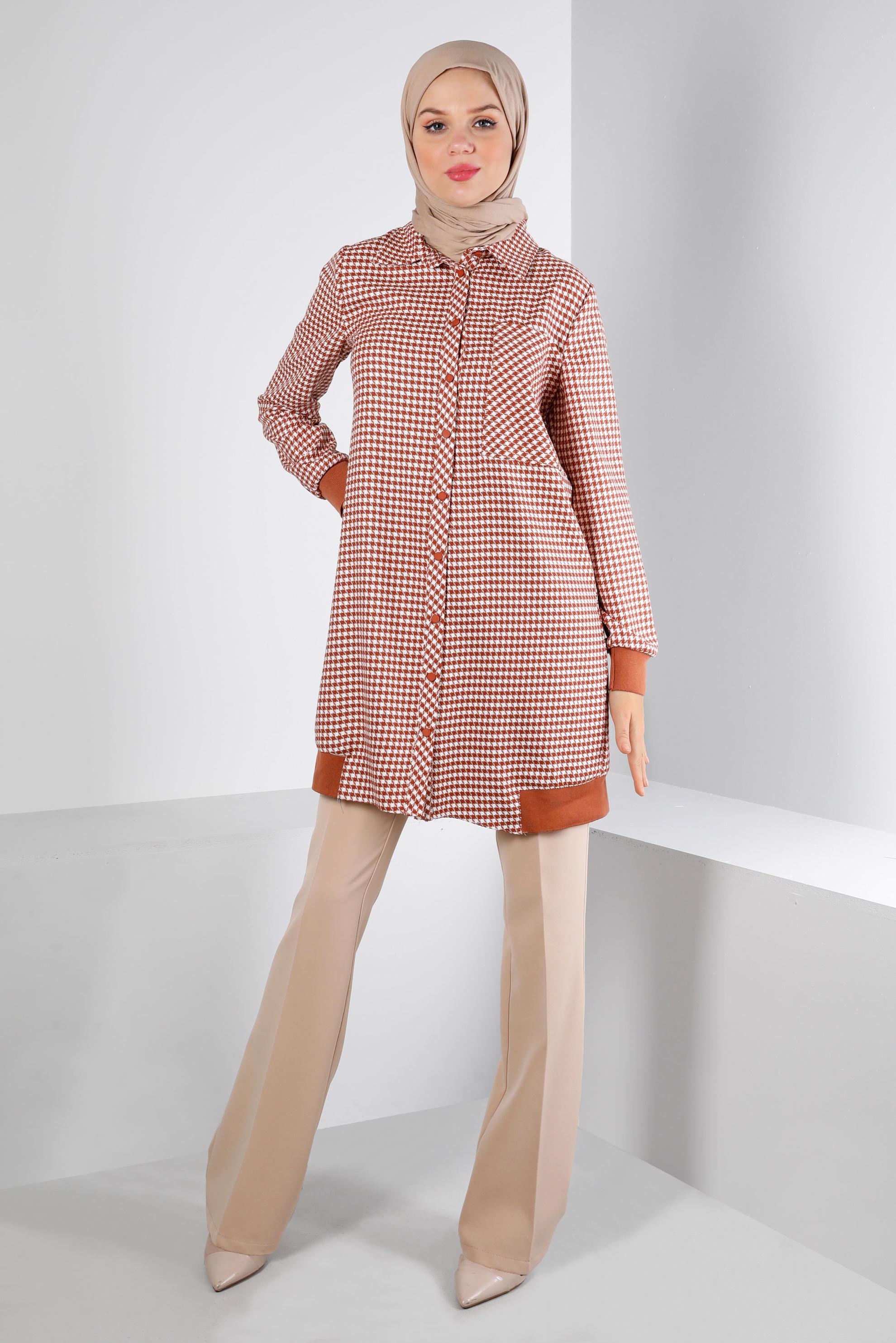 Tesettür giyim TURUNCU RİBANALI KAZAYAĞI DESENLİ TUNİK 43399 