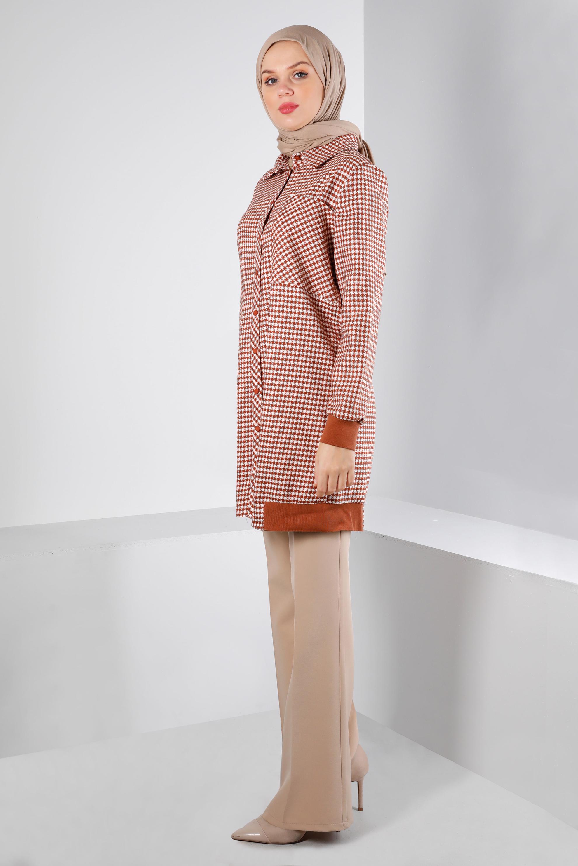 Tesettür giyim TURUNCU RİBANALI KAZAYAĞI DESENLİ TUNİK 43399 