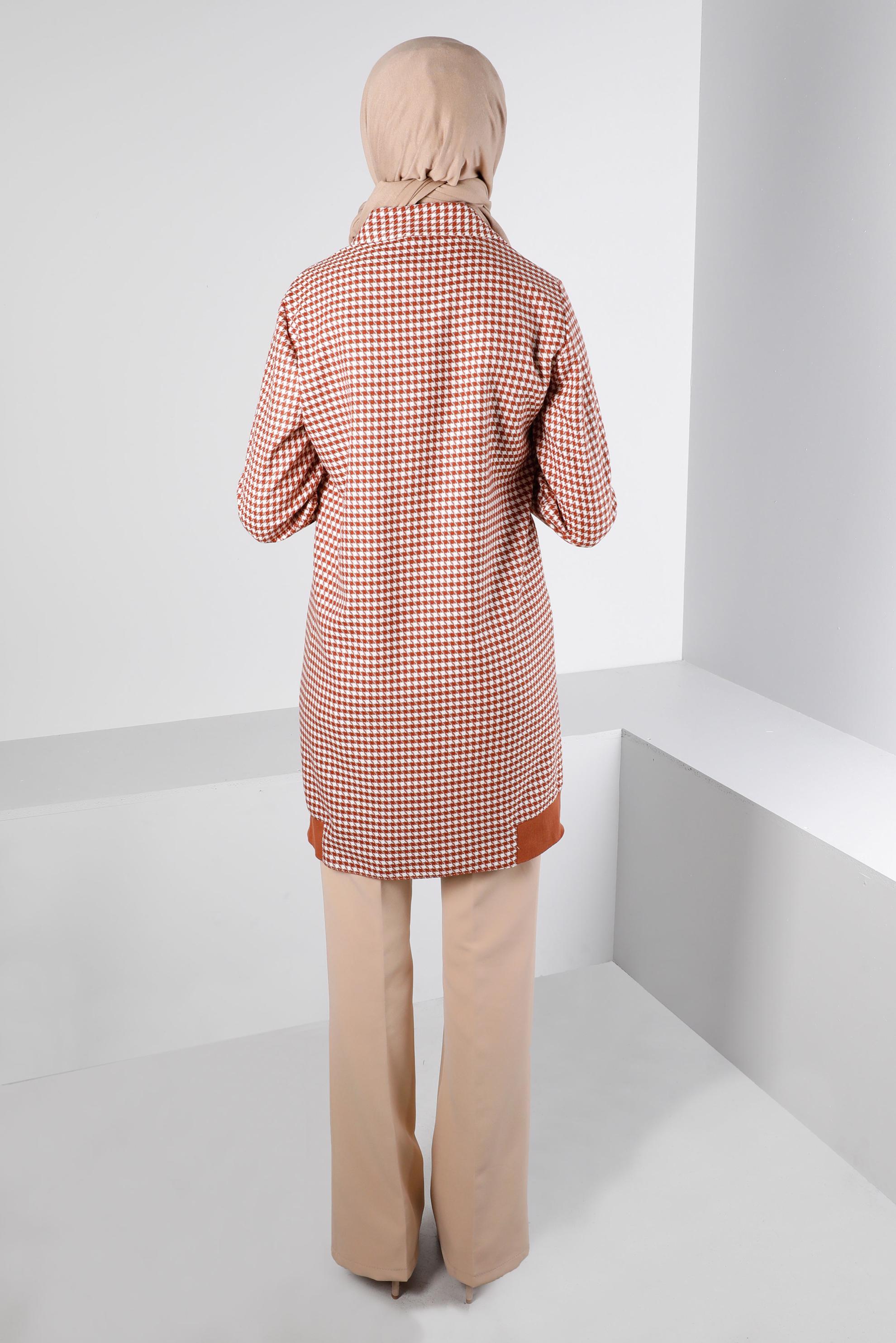 Tesettür giyim TURUNCU RİBANALI KAZAYAĞI DESENLİ TUNİK 43399 