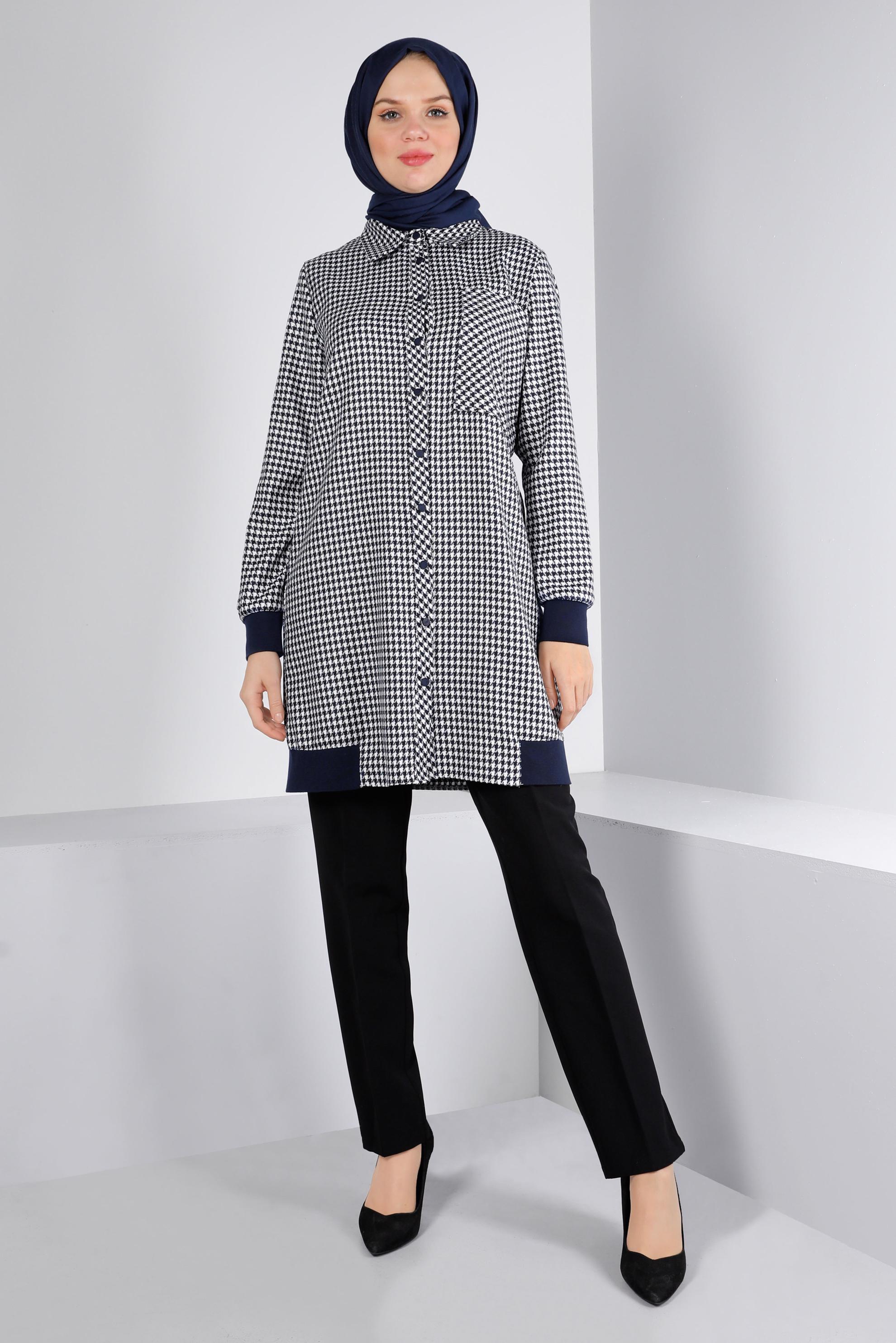 Tesettür giyim LACİVERT RİBANALI KAZAYAĞI DESENLİ TUNİK 43399 