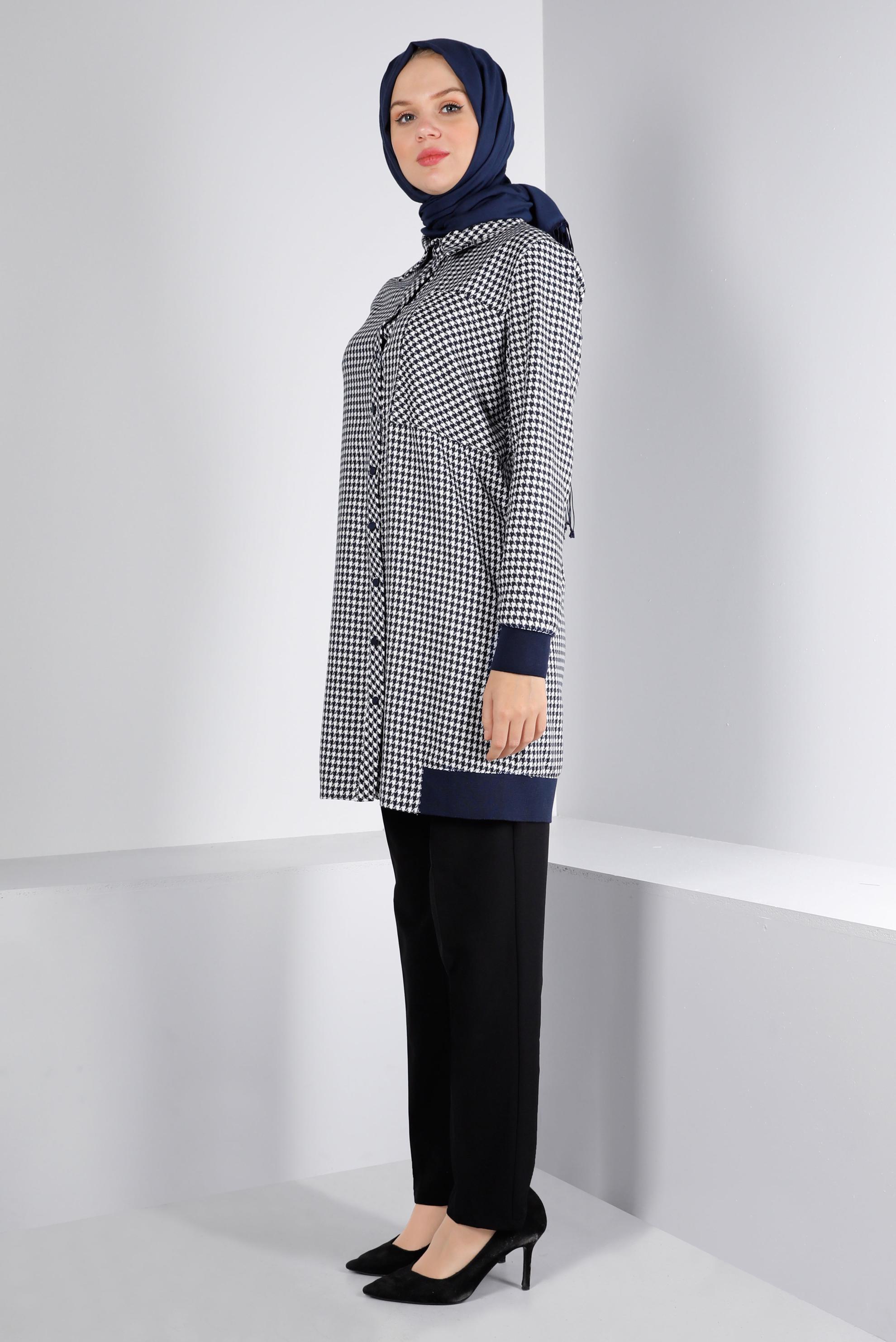 Tesettür giyim LACİVERT RİBANALI KAZAYAĞI DESENLİ TUNİK 43399 