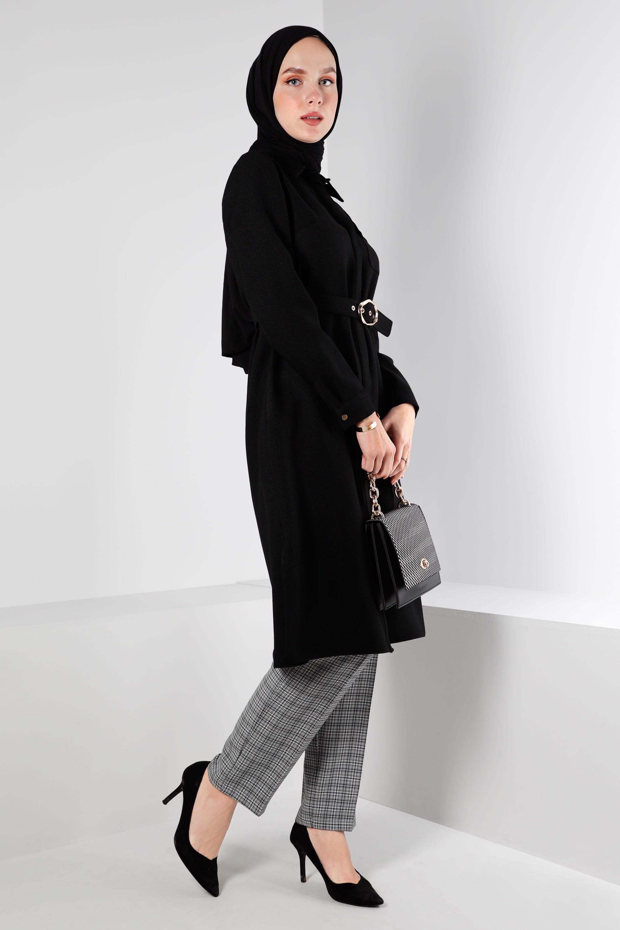 Tesettür giyim SİYAH KEMERLİ GİZLİ DÜĞMELİ TUNİK 43407