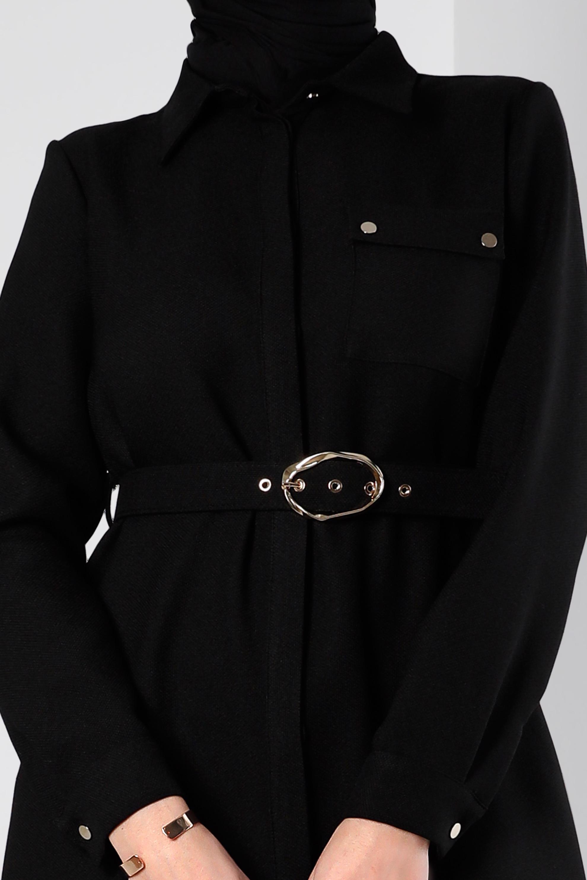 Tesettür giyim SİYAH KEMERLİ GİZLİ DÜĞMELİ TUNİK 43407