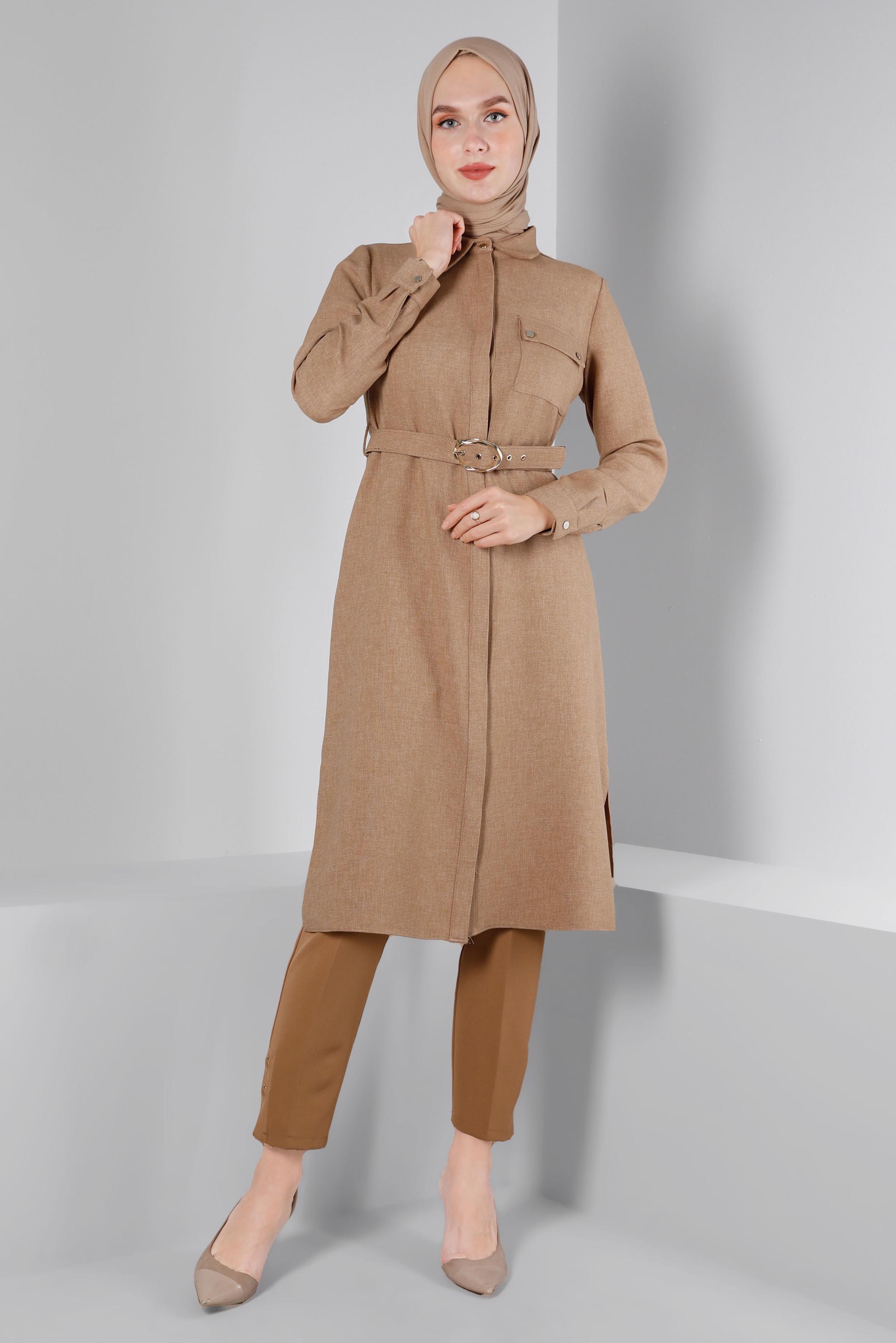 Tesettür giyim KAHVE KEMERLİ GİZLİ DÜĞMELİ TUNİK 43407