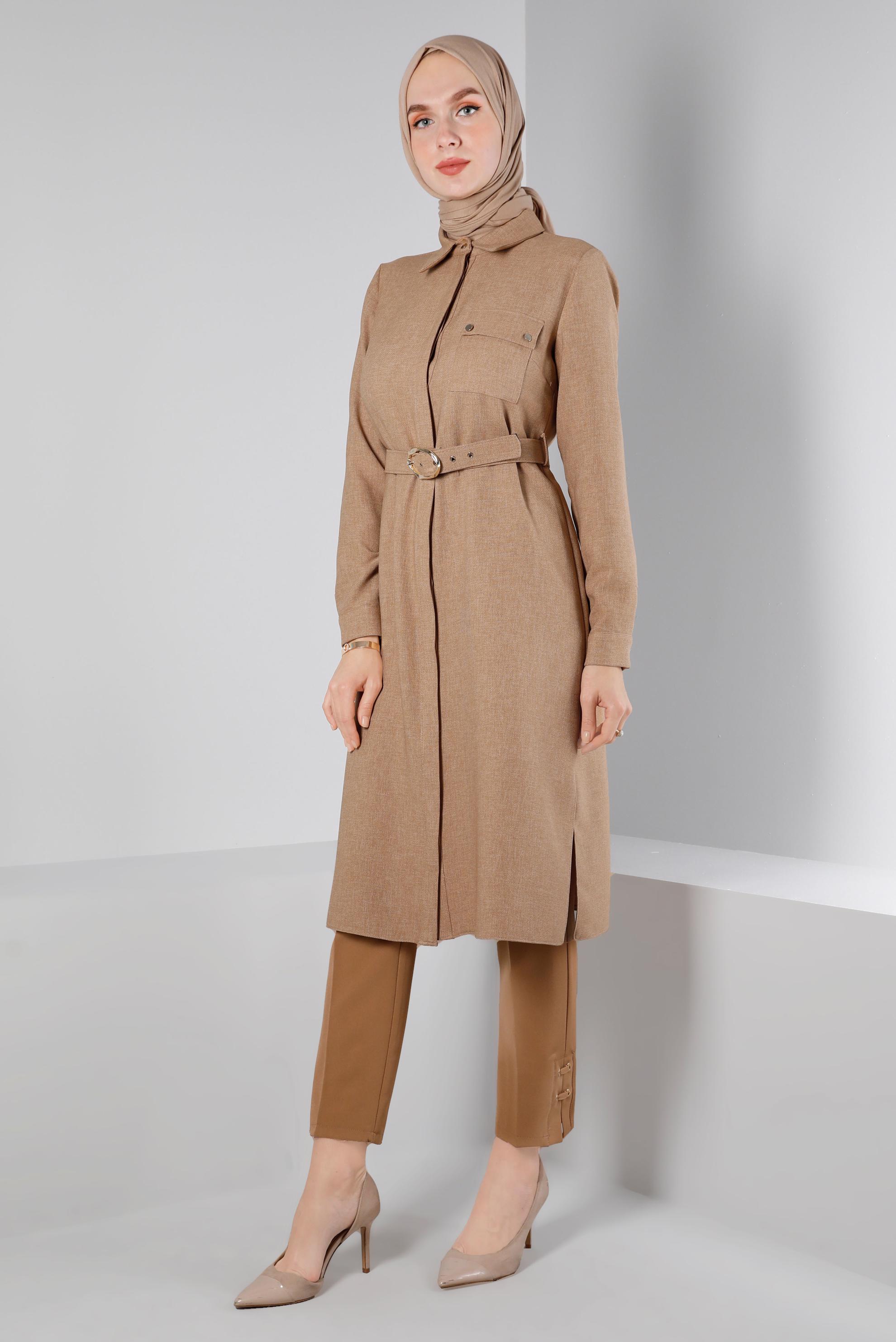 Tesettür giyim KAHVE KEMERLİ GİZLİ DÜĞMELİ TUNİK 43407