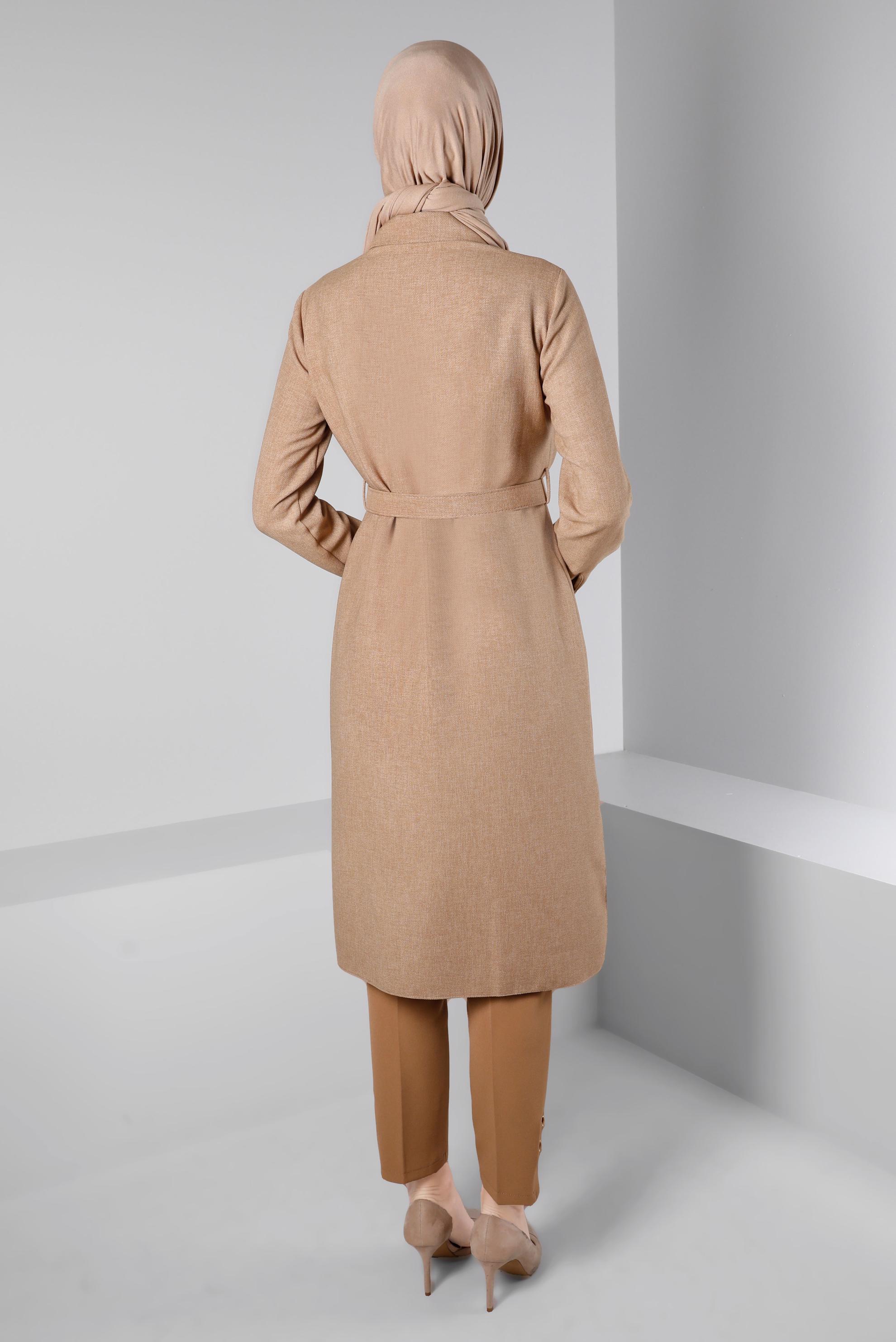 Tesettür giyim KAHVE KEMERLİ GİZLİ DÜĞMELİ TUNİK 43407