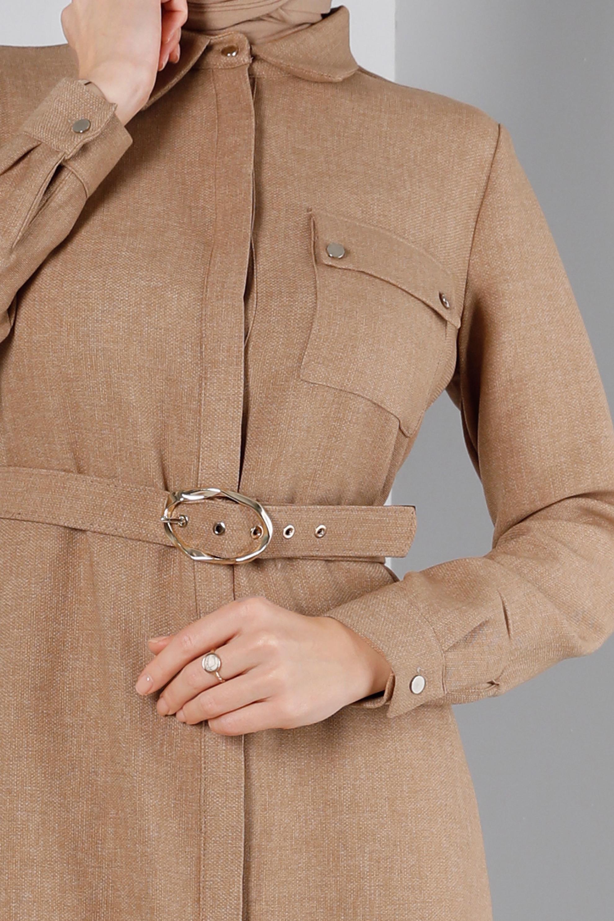 Tesettür giyim KAHVE KEMERLİ GİZLİ DÜĞMELİ TUNİK 43407