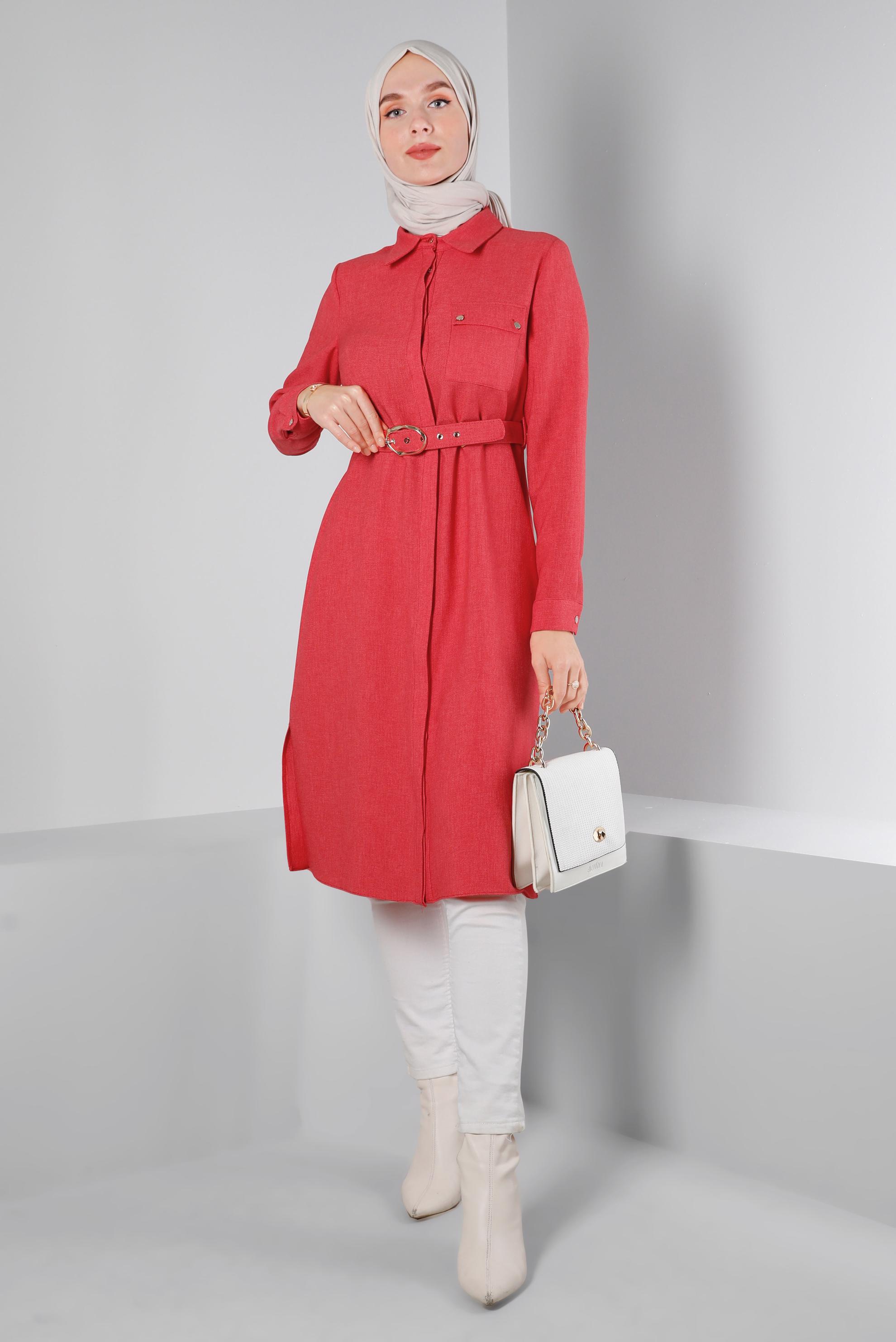 Tesettür giyim MERCAN KEMERLİ GİZLİ DÜĞMELİ TUNİK 43407