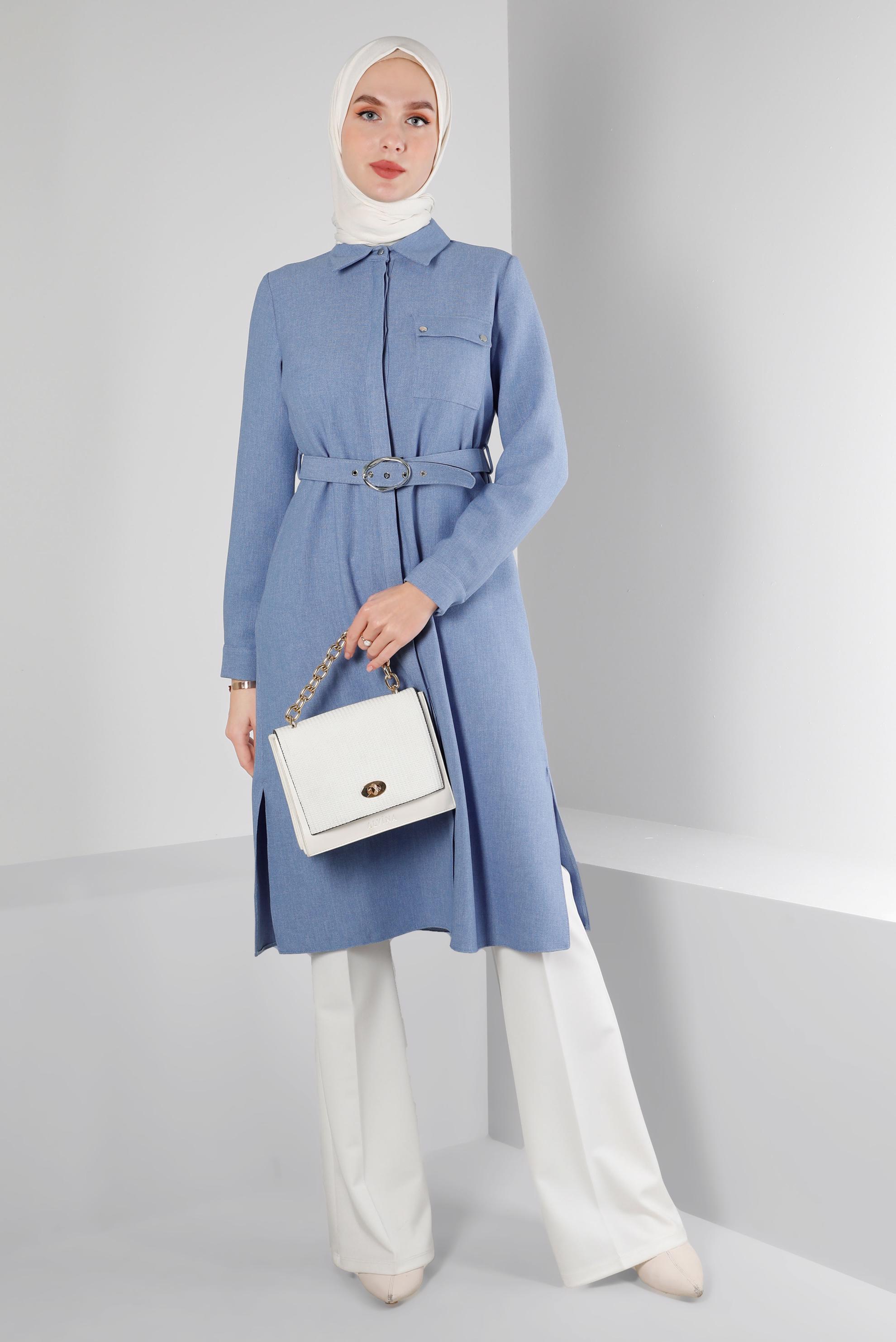 Tesettür giyim LACİVERT KEMERLİ GİZLİ DÜĞMELİ TUNİK 43407