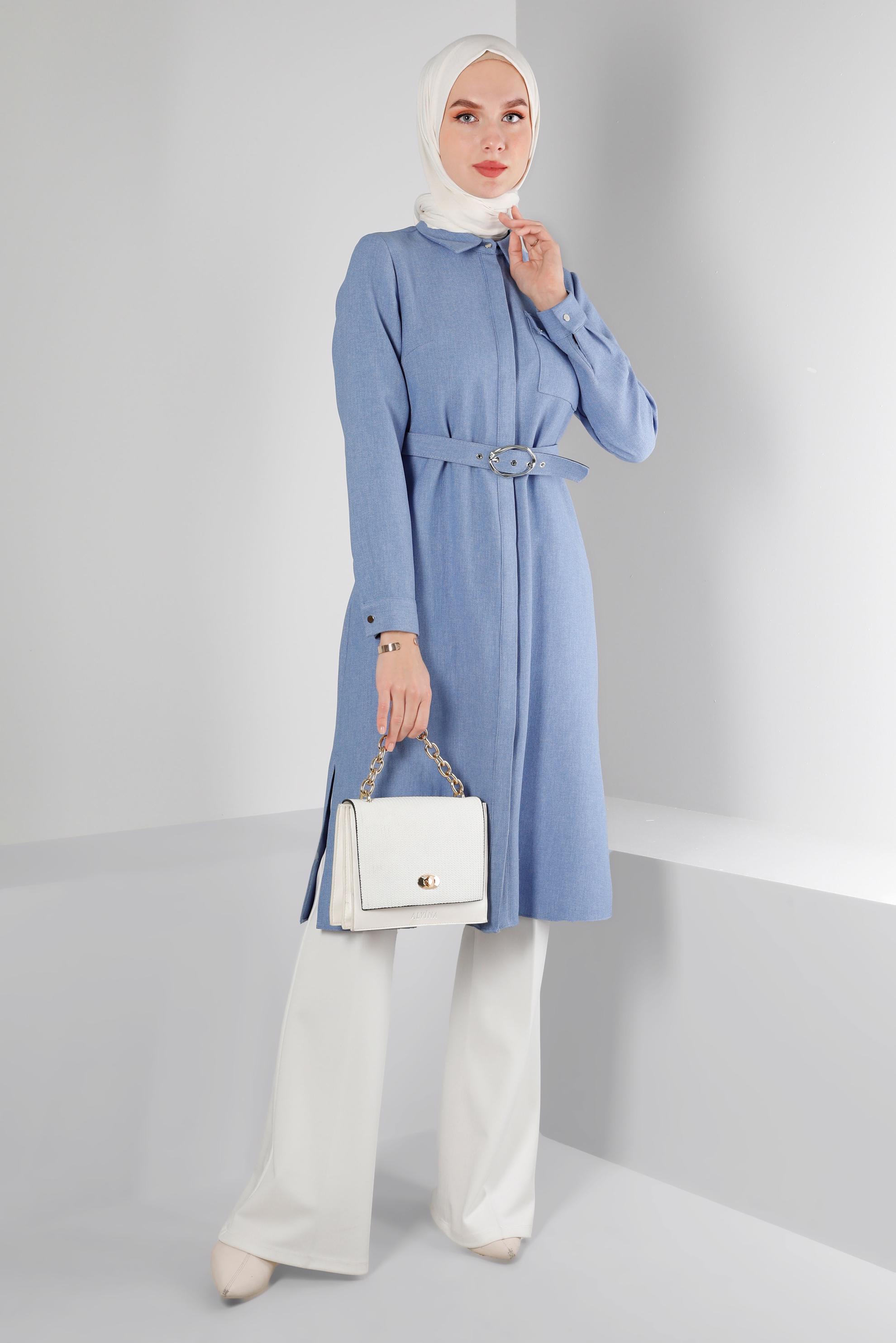 Tesettür giyim LACİVERT KEMERLİ GİZLİ DÜĞMELİ TUNİK 43407