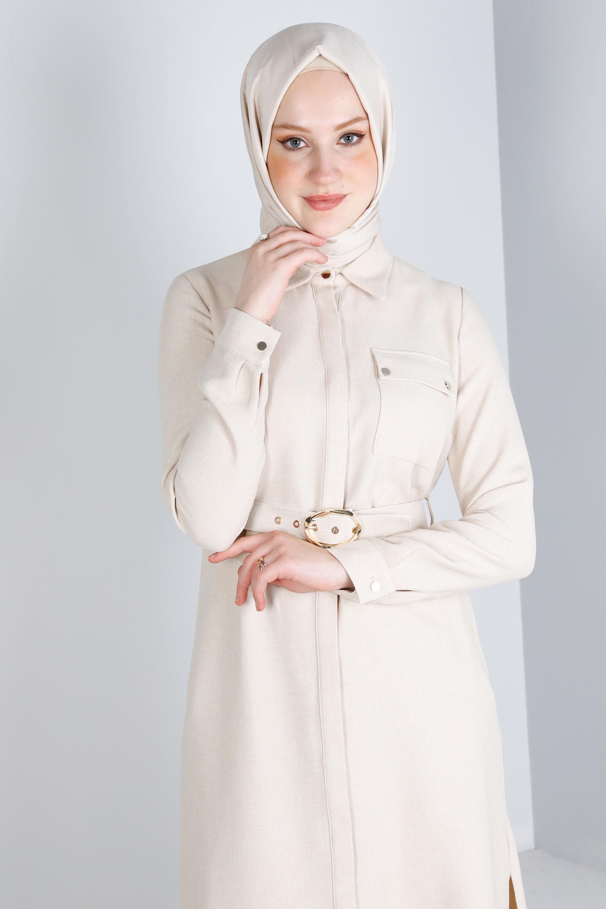 Tesettür giyim BEJ KEMERLİ GİZLİ DÜĞMELİ TUNİK 43407