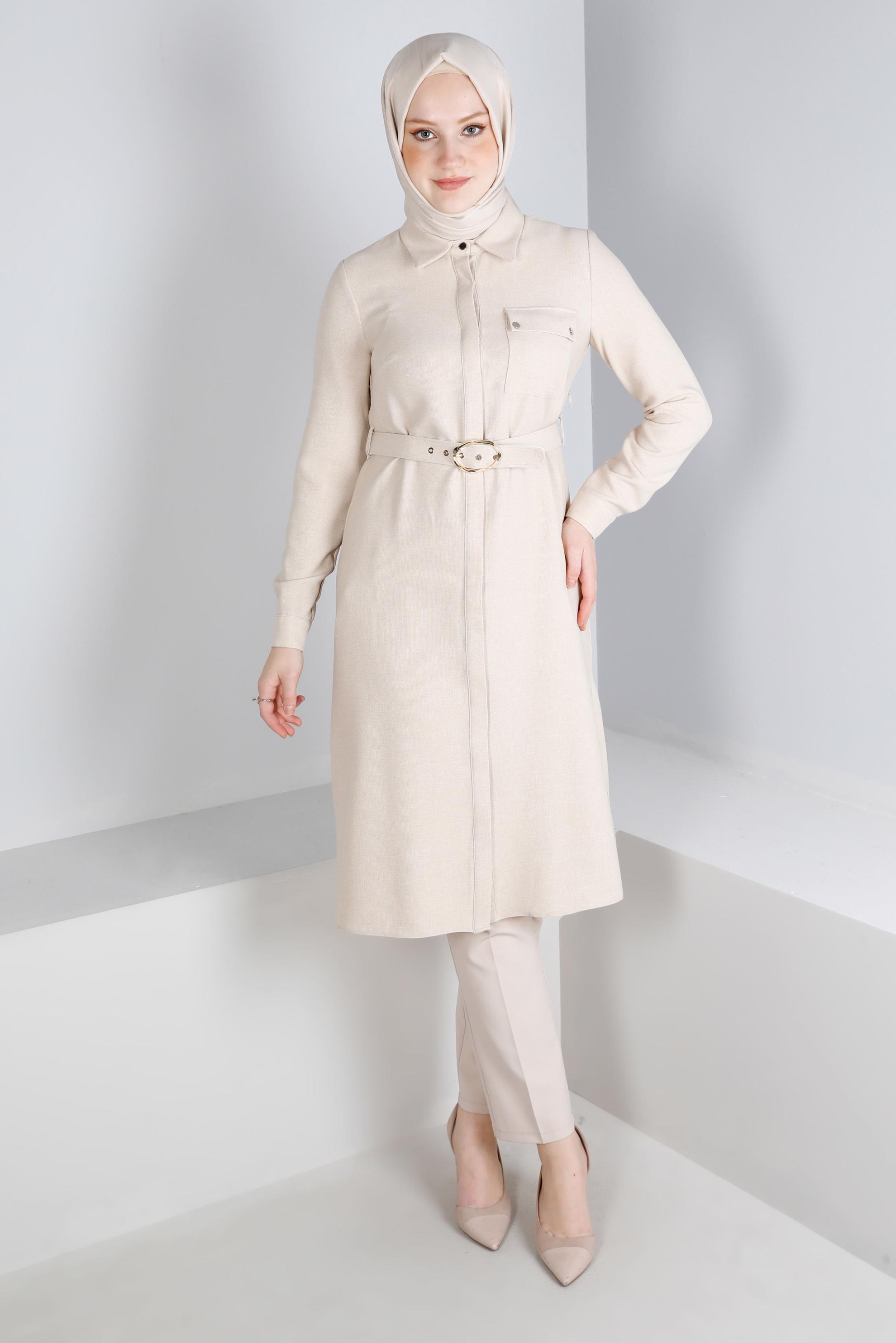 Tesettür giyim BEJ KEMERLİ GİZLİ DÜĞMELİ TUNİK 43407