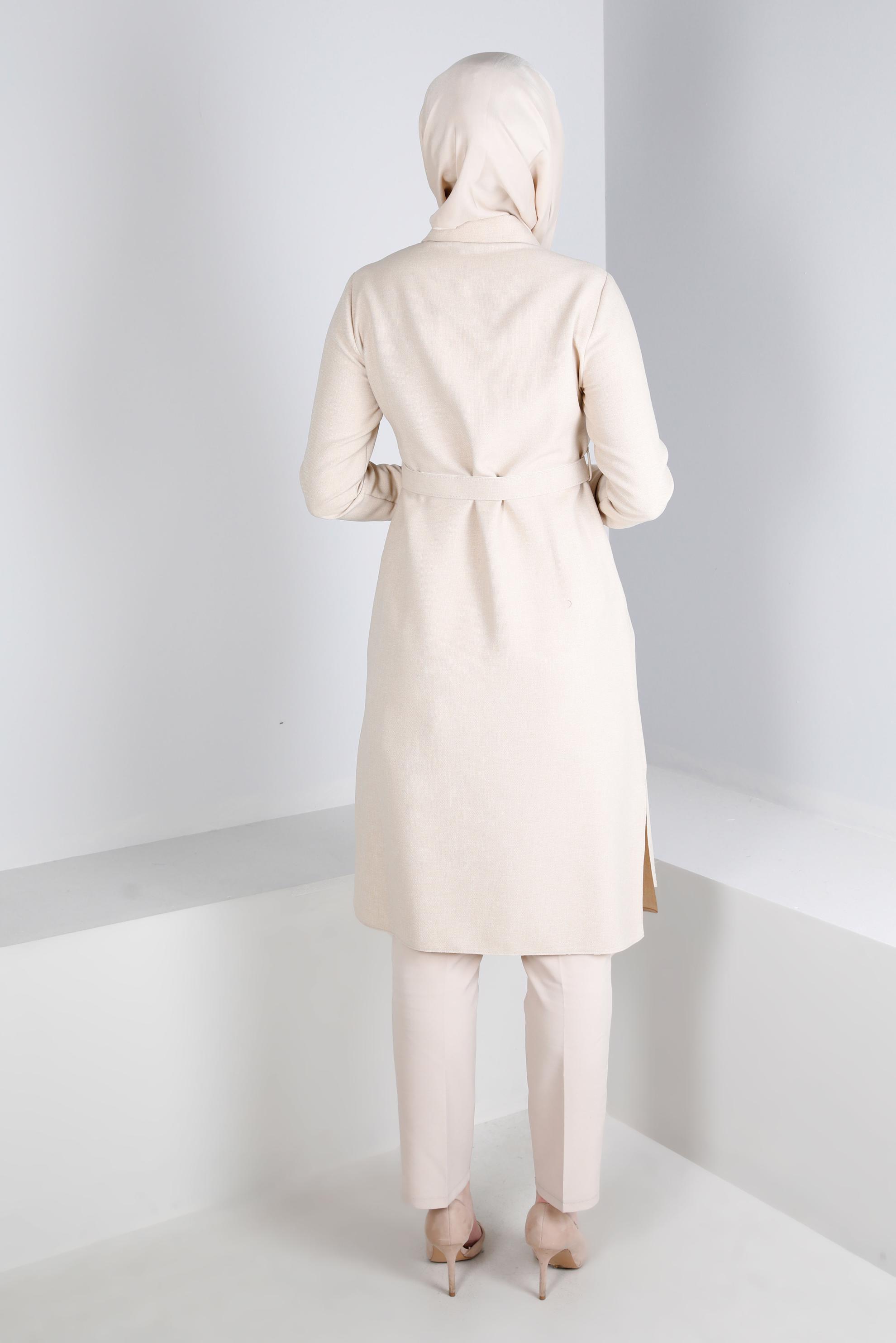 Tesettür giyim BEJ KEMERLİ GİZLİ DÜĞMELİ TUNİK 43407