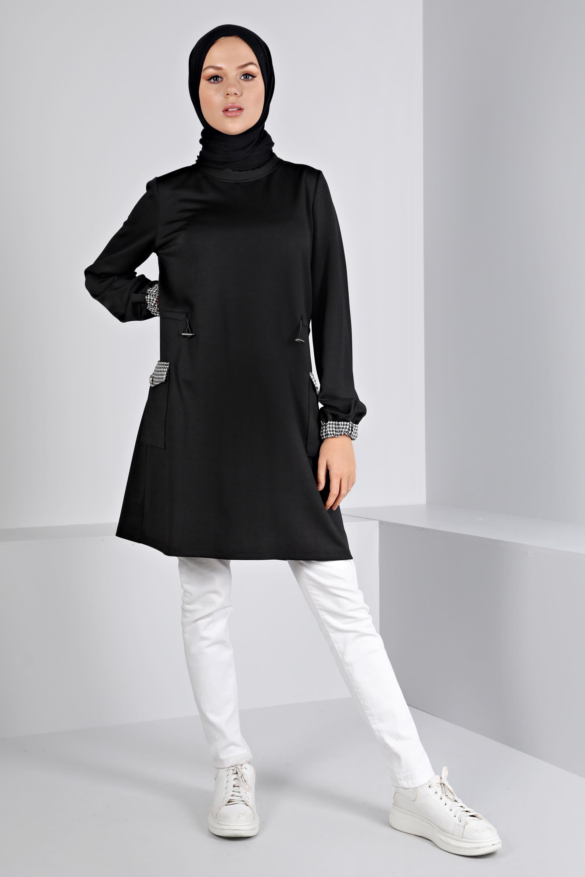Tesettür giyim SİYAH BÜZGÜ DETAYLI CEPLİ TUNİK 43414