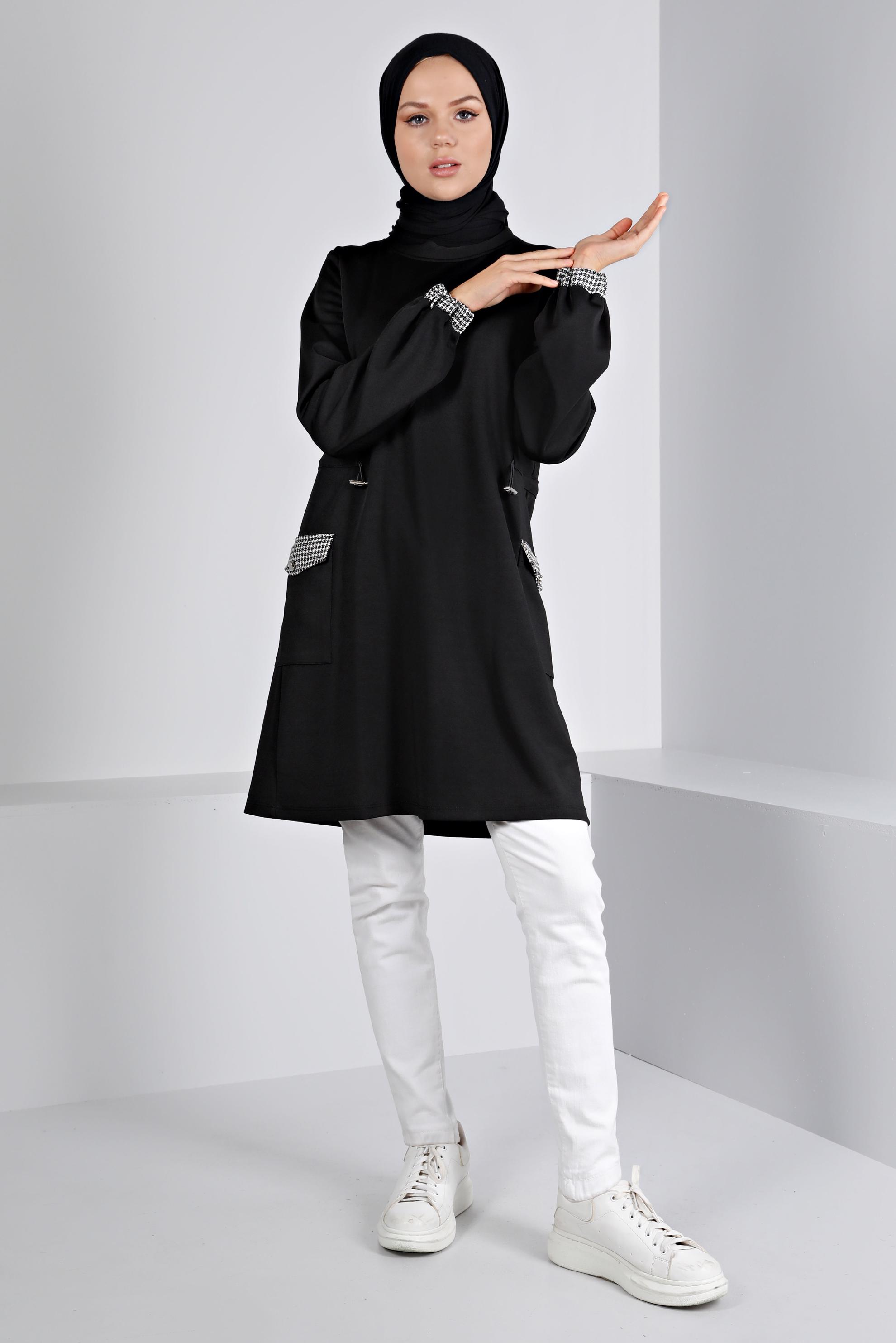 Tesettür giyim SİYAH BÜZGÜ DETAYLI CEPLİ TUNİK 43414