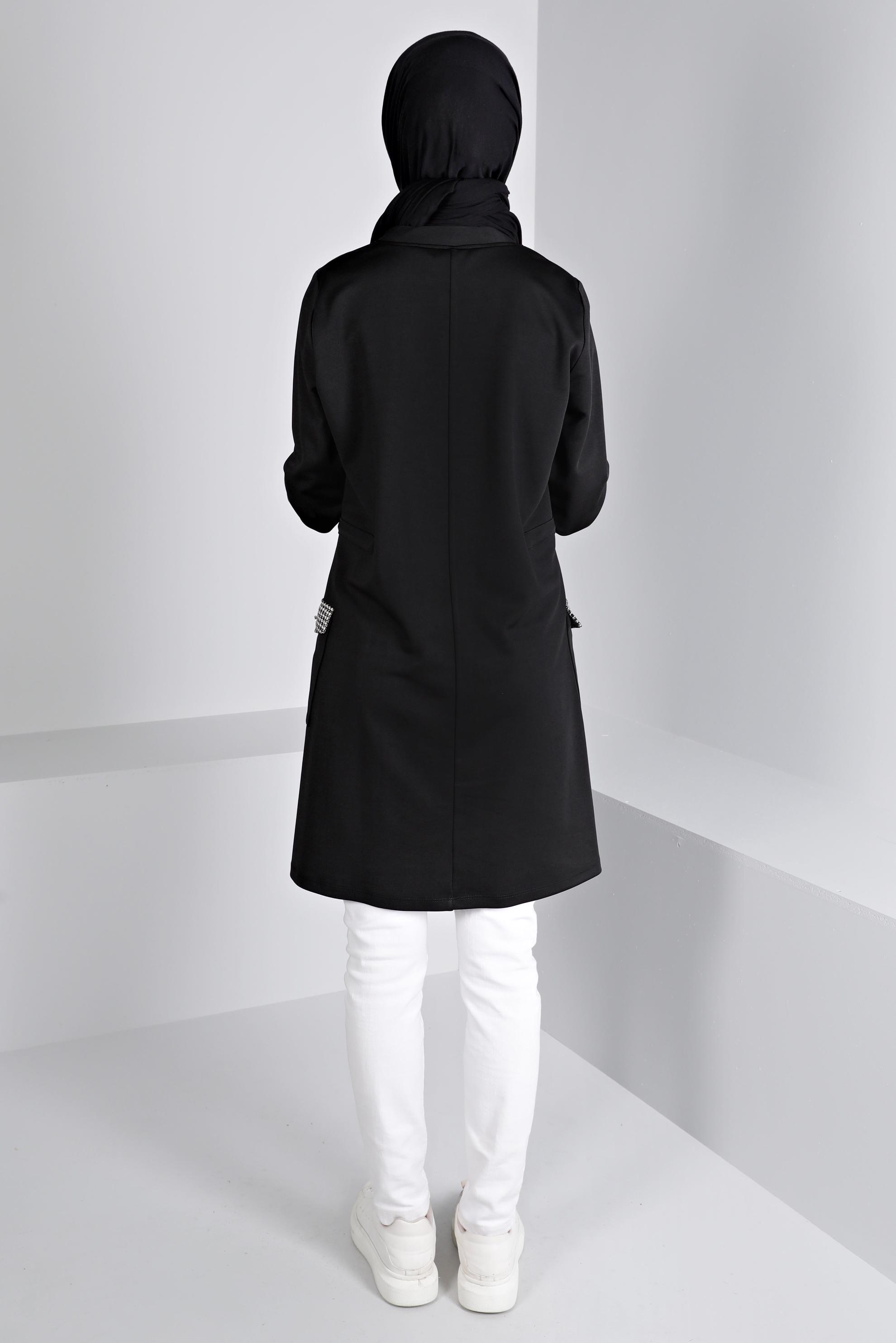 Tesettür giyim SİYAH BÜZGÜ DETAYLI CEPLİ TUNİK 43414