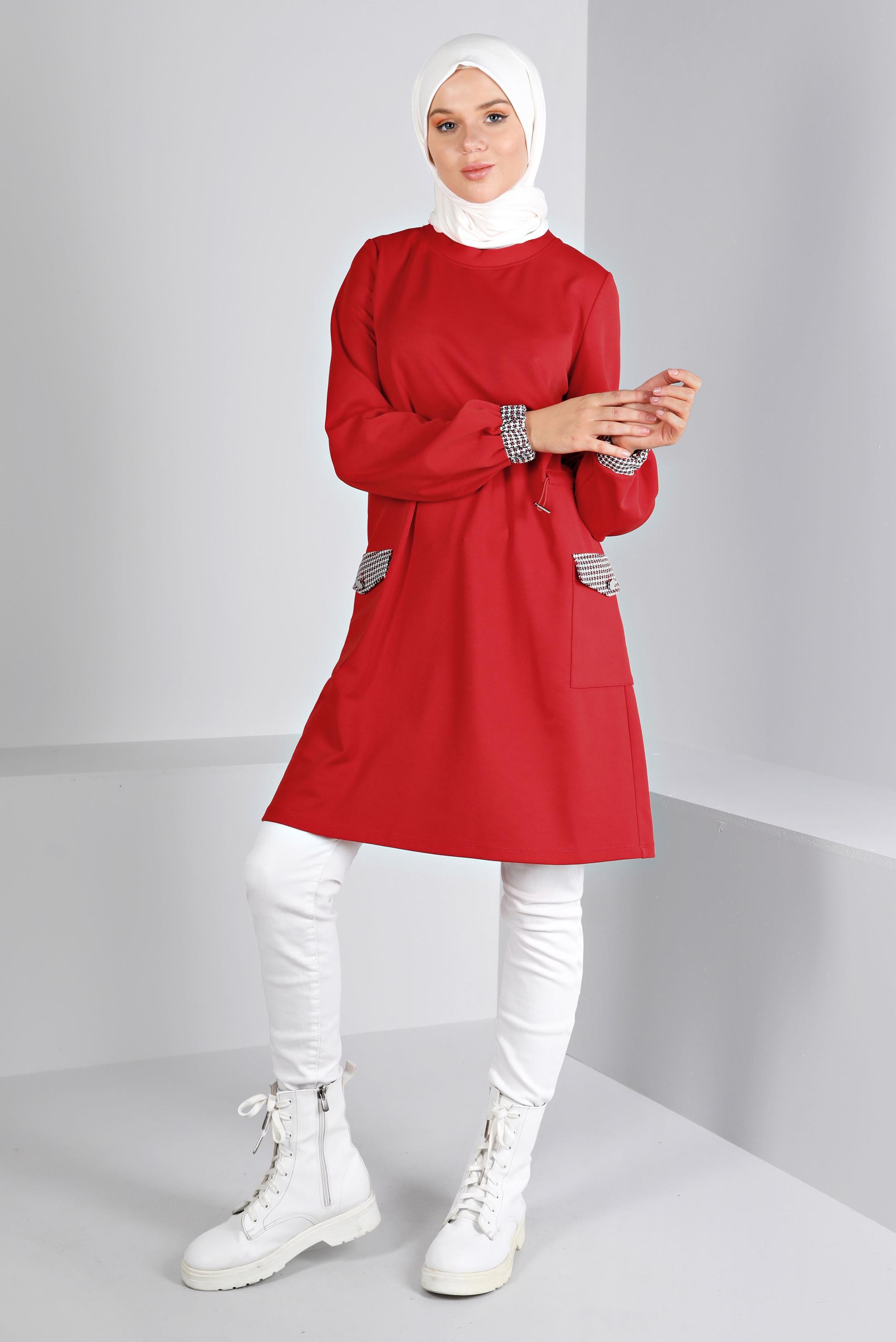 Tesettür giyim KIRMIZI BÜZGÜ DETAYLI CEPLİ TUNİK 43414