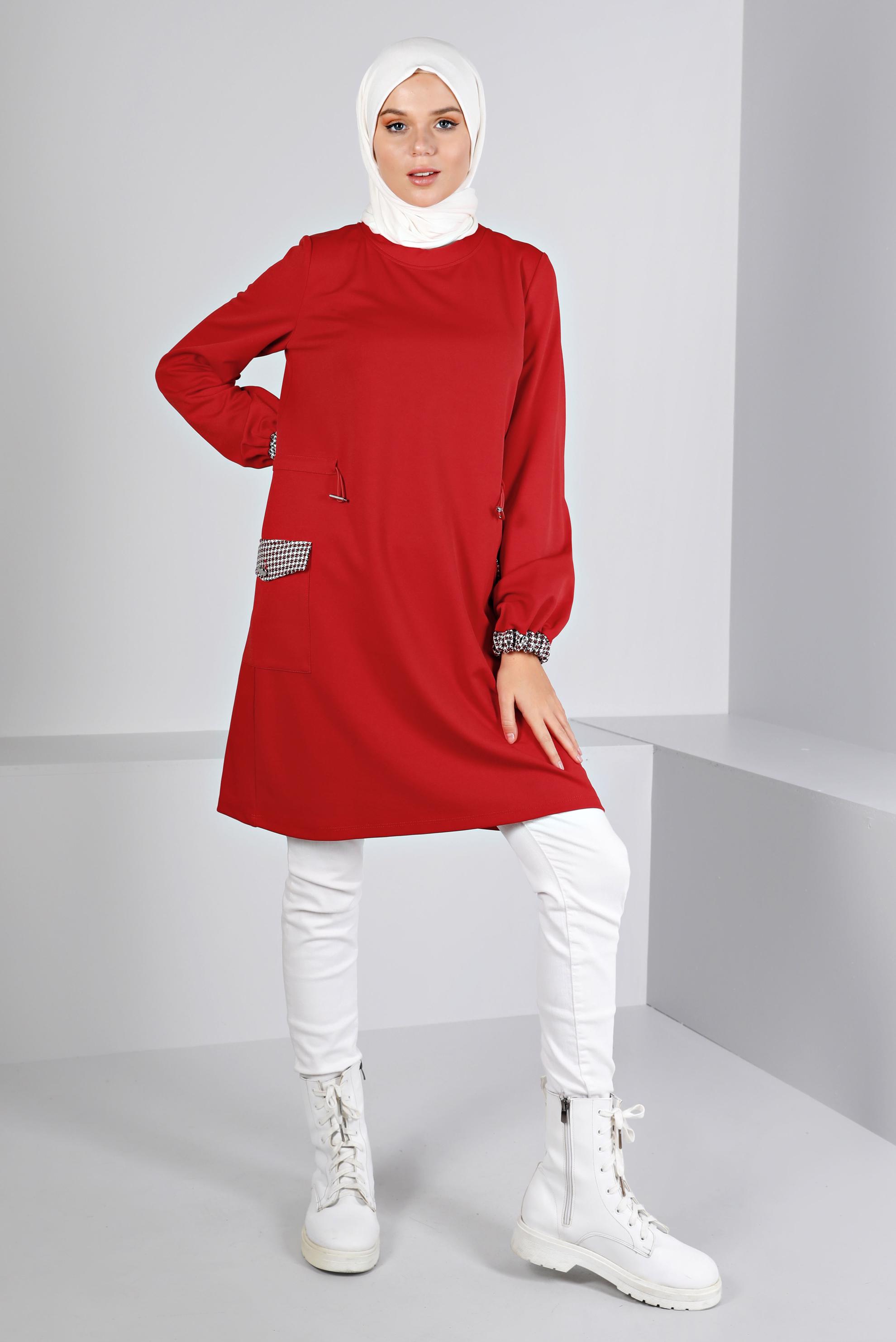 Tesettür giyim KIRMIZI BÜZGÜ DETAYLI CEPLİ TUNİK 43414