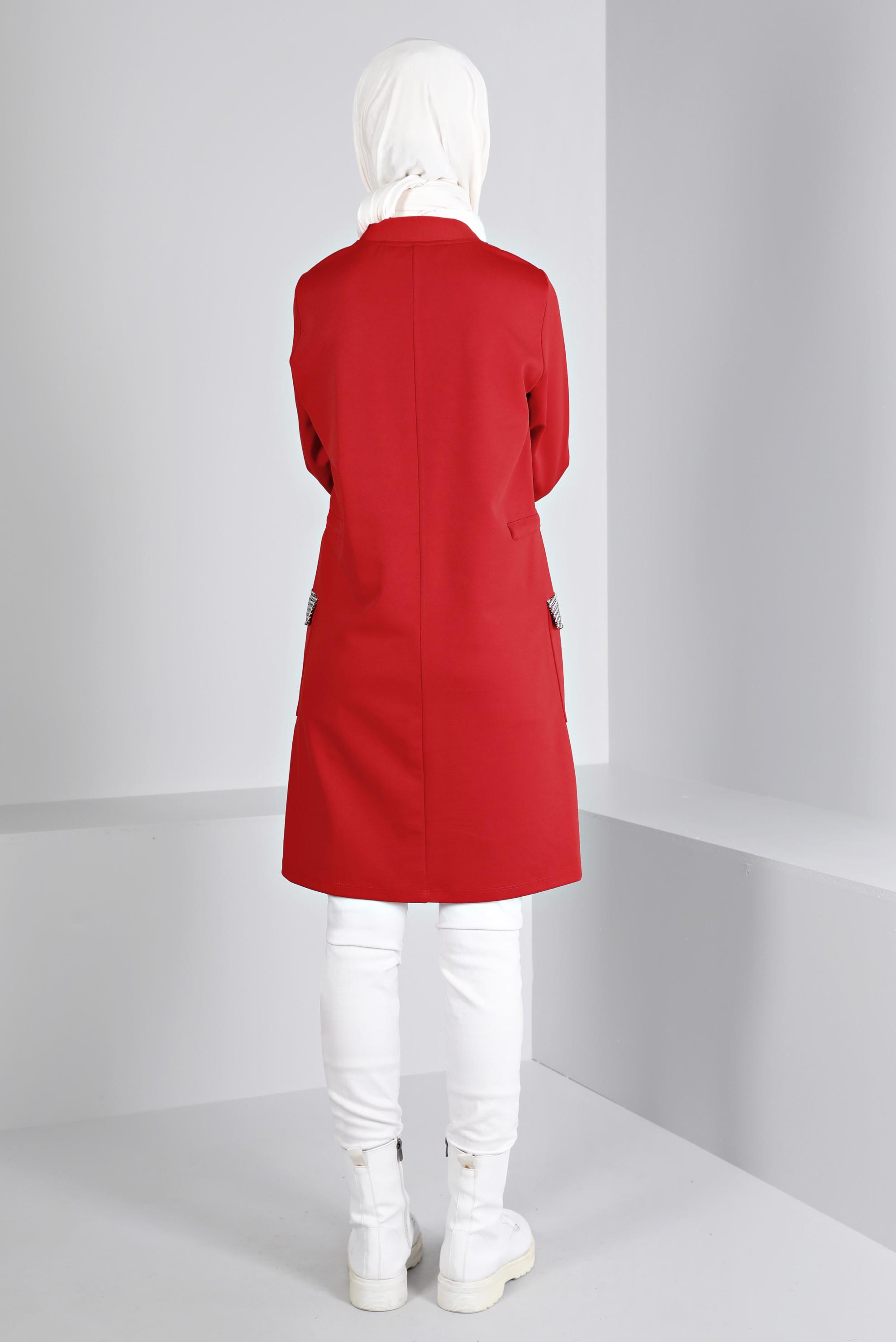 Tesettür giyim KIRMIZI BÜZGÜ DETAYLI CEPLİ TUNİK 43414