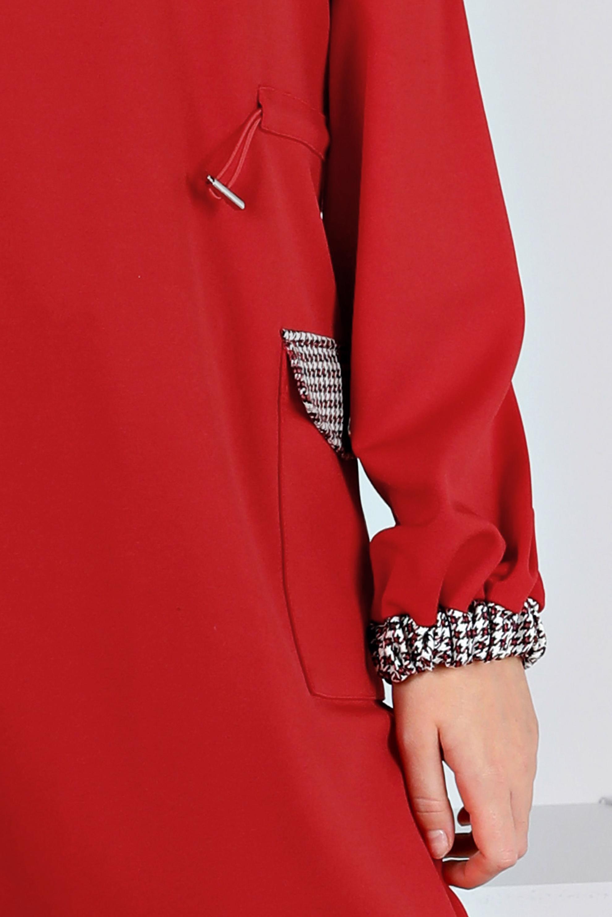 Tesettür giyim KIRMIZI BÜZGÜ DETAYLI CEPLİ TUNİK 43414